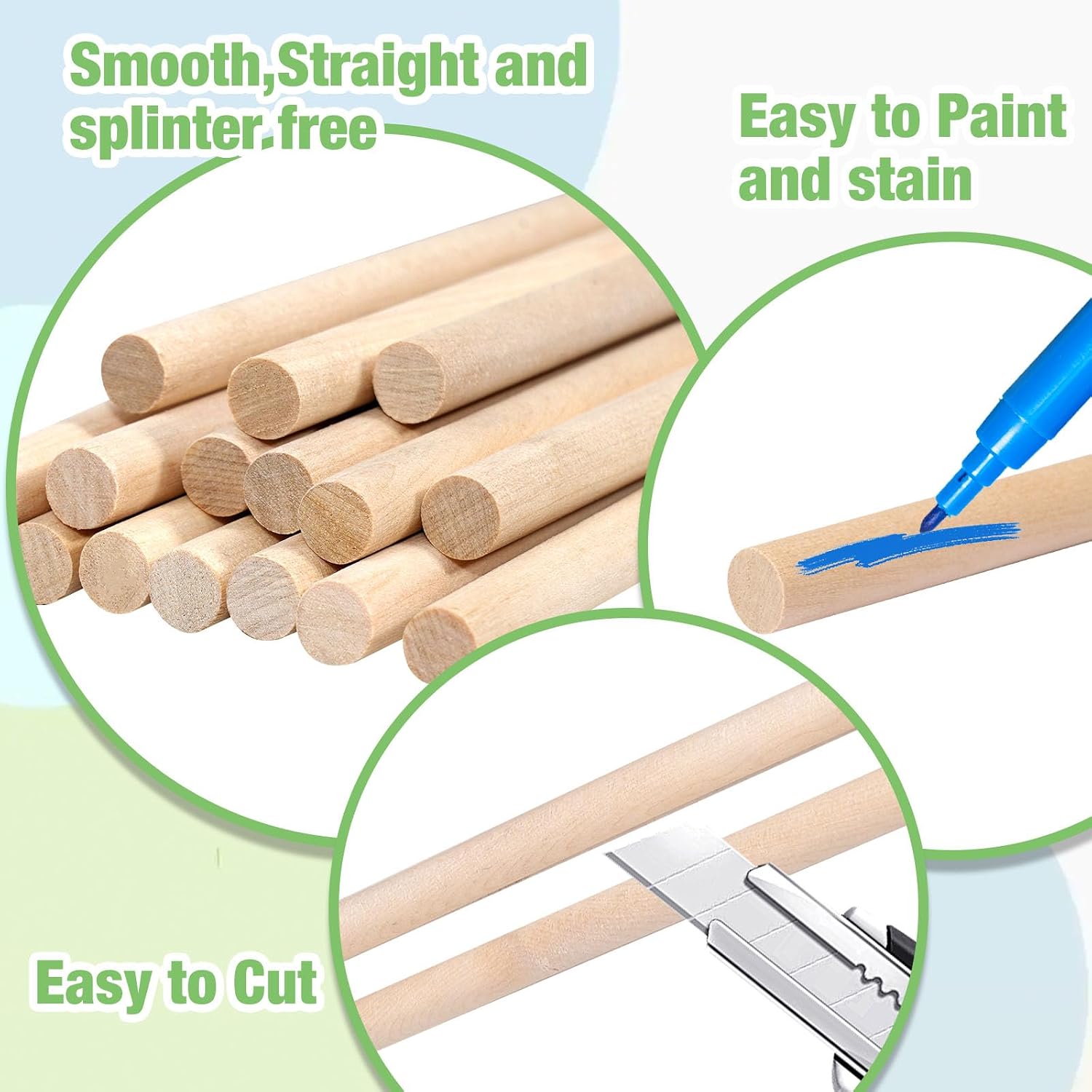 Wood Dowel Rods Wooden Dowels for Crafting 1/4"x 6", 50 PCS Wooden Sticks for Crafts, Unfinished Round Pine Hardwood Sticks for Cake Support, Lollipop Sticks, Photo Booth Props, Wands, Flags