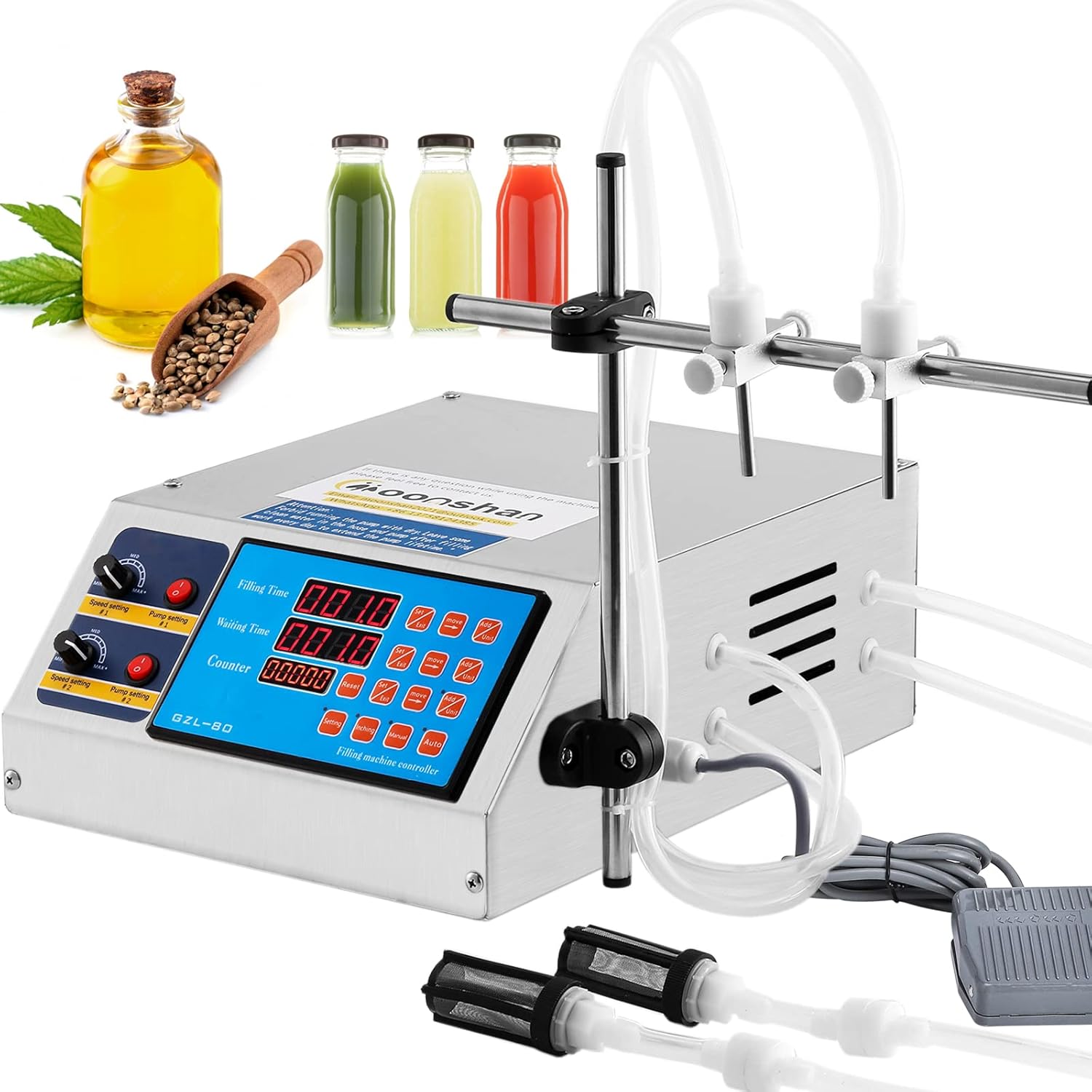 Moonshan Liquid Filling Machine Double Head 135 Oz/min Bottle Filler Machine Fully Digital Control Diaphragm Pump for Juice Cosmetic Oil Essence MCT Oil