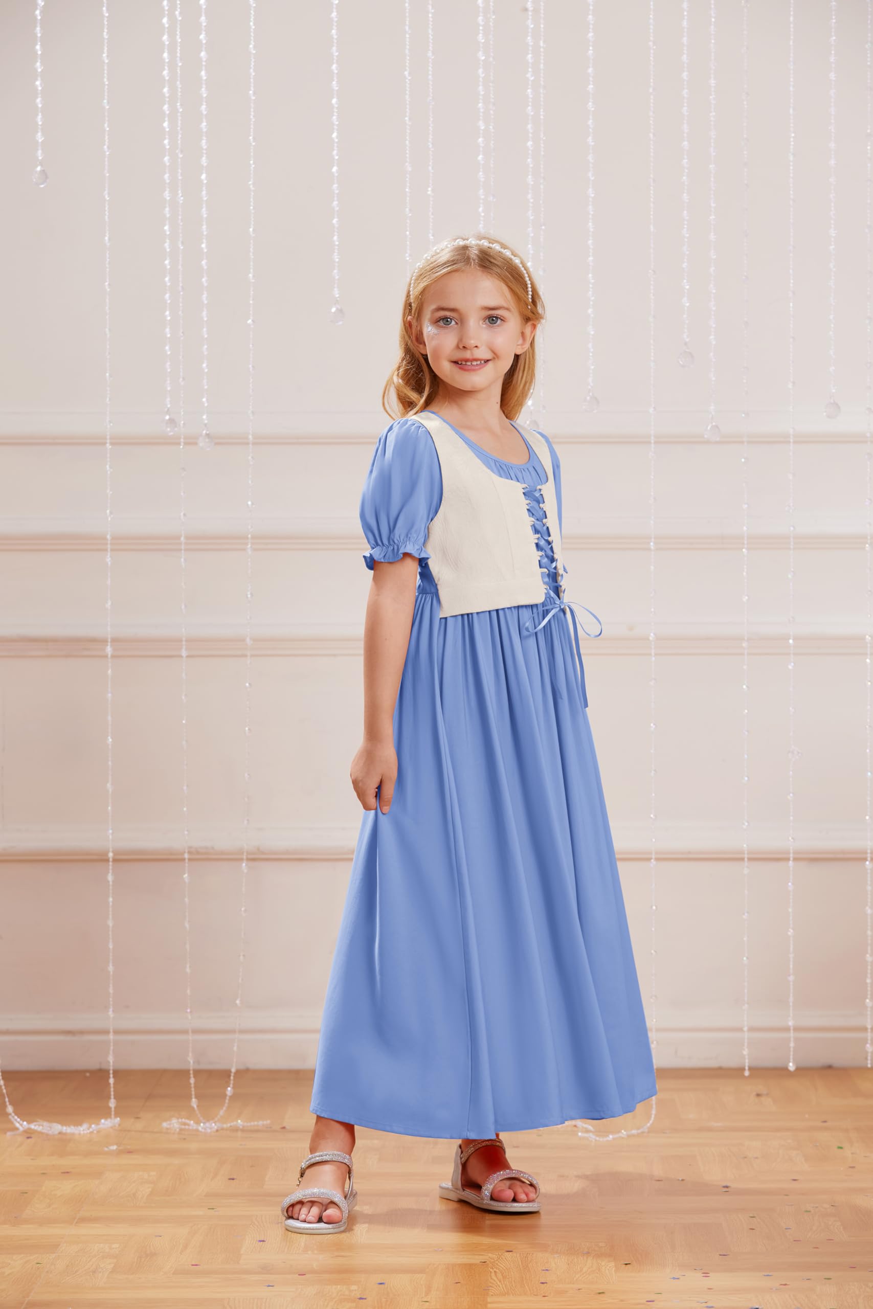 Scarlet Darkness Renaissance-Kleid für Mädchen, kurze Puffärmel, lange Kleider, Blumenmädchenkleid, Größe 7–14