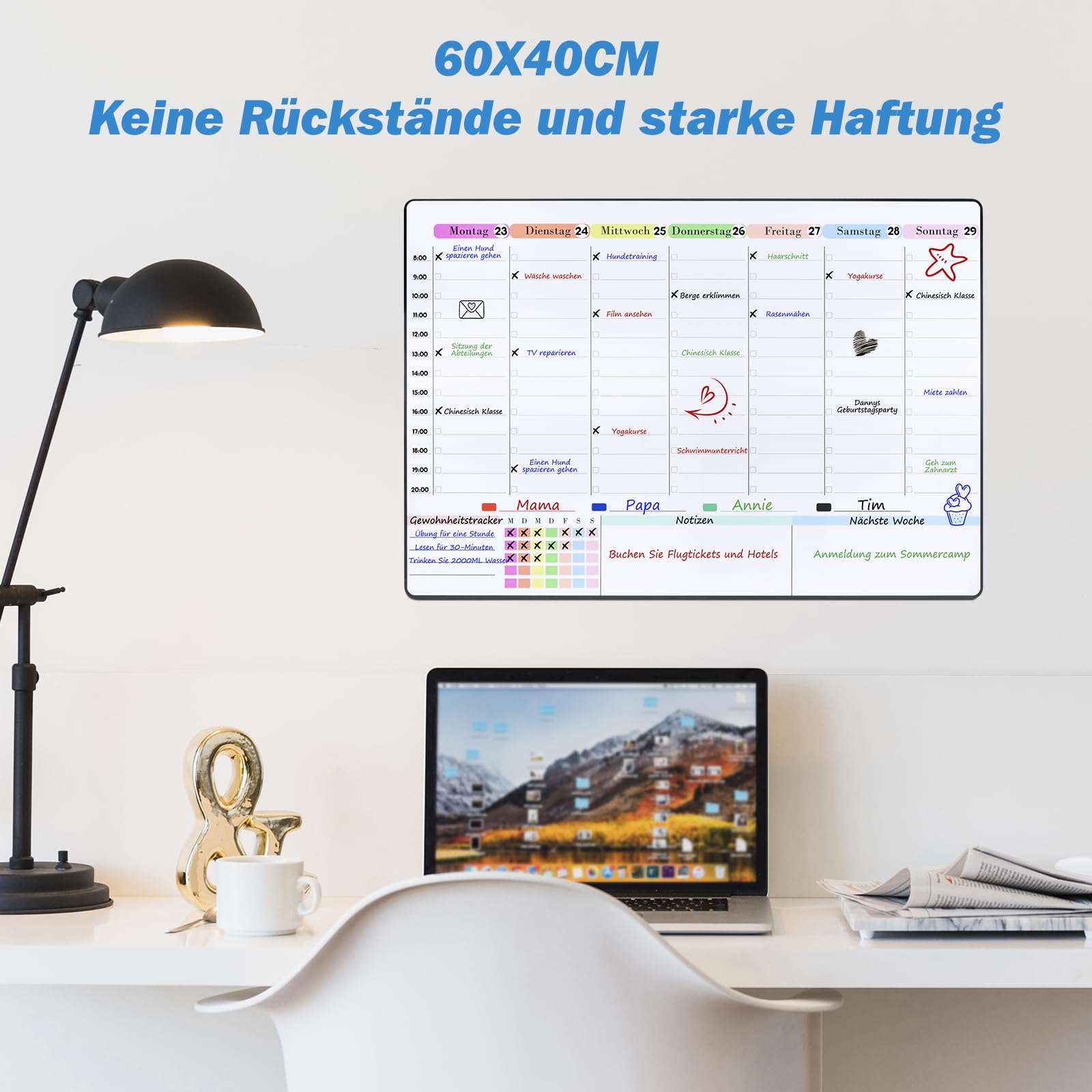 POPRUN Familien Planer Whiteboard Wochenplaner 60x40cm, Abwischbar Selbstklebend, für Wand Glas Holz Glatte Oberflächen, Haushaltsplan Terminplaner Planungstafe