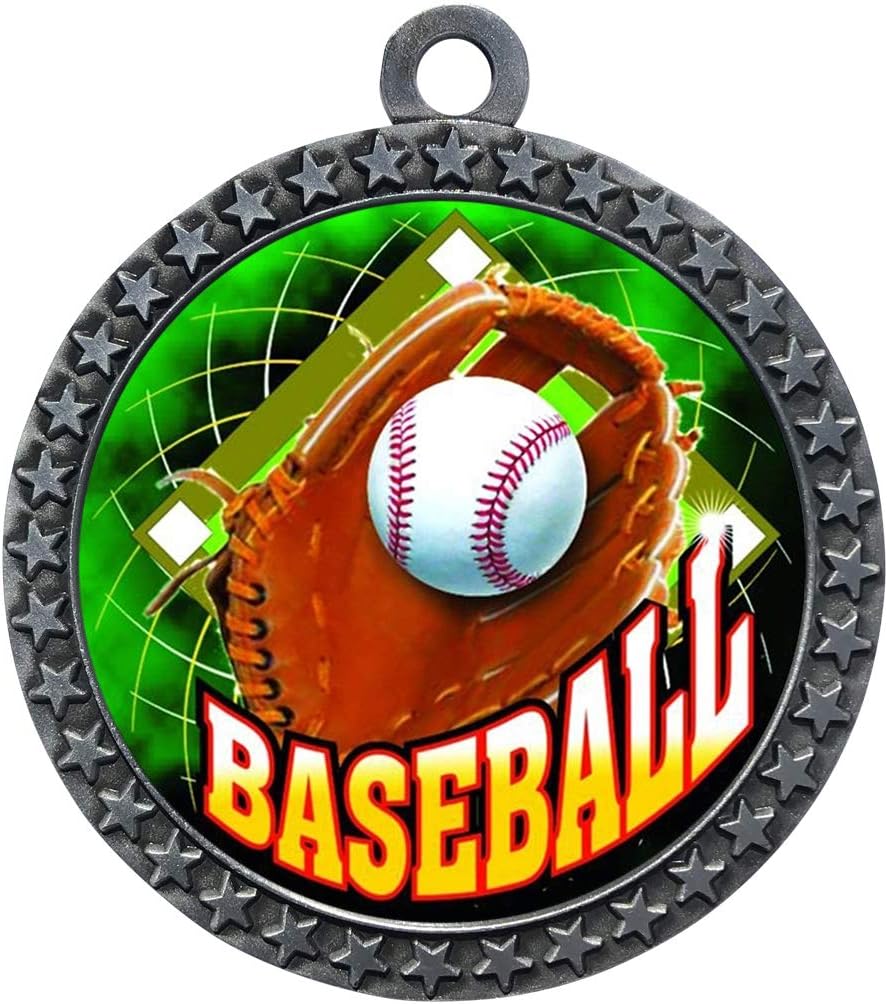 10 Pack of Baseball Silver 2.25 Inch Medals Trophy Awards with Red White Blue Neck Ribbons D212S-FCL410-10PK