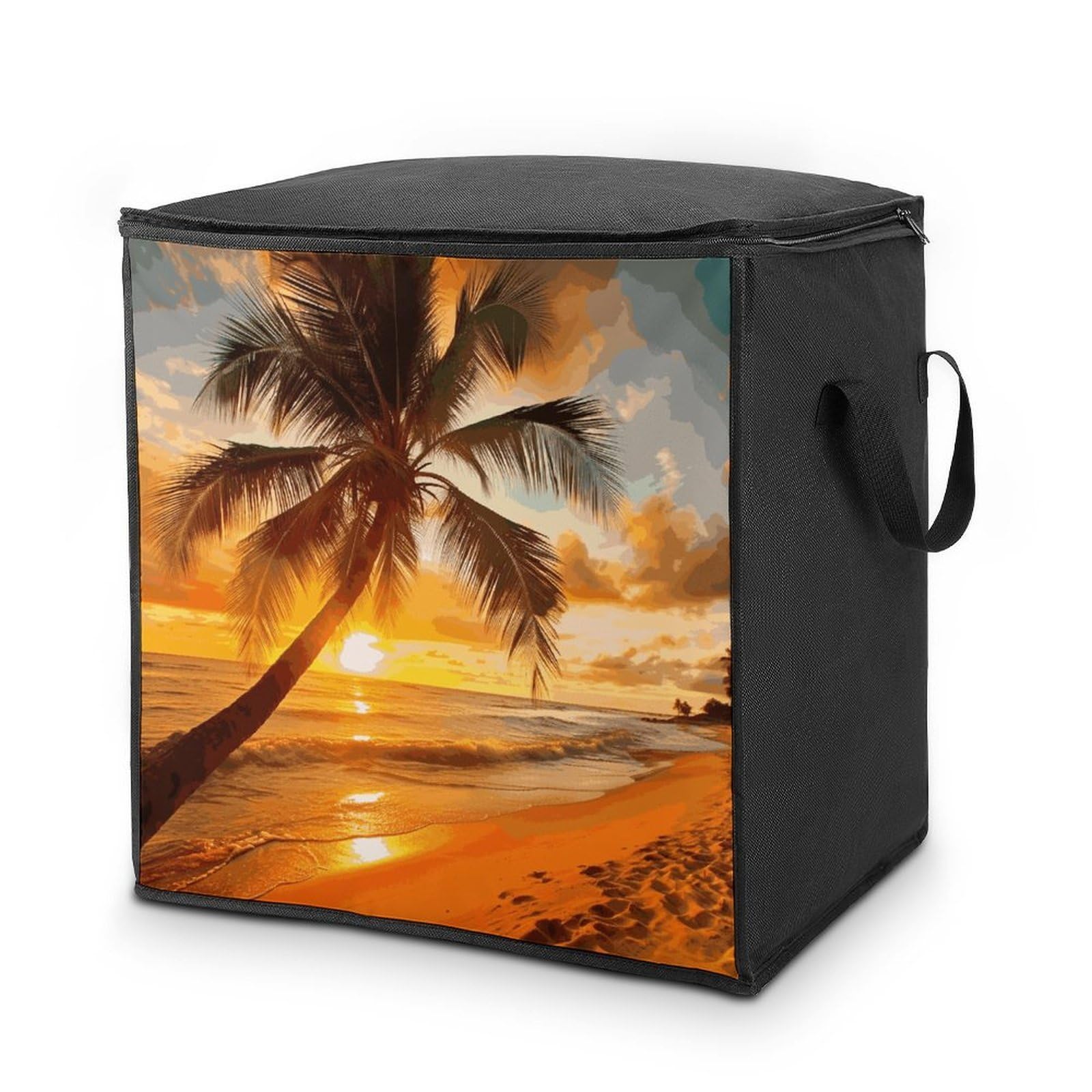 Tropical Beach Palm Tree Sunset Storage Bag with Zippers And Handle Extra Large Bedding Comforter Storage Bag Foldable Blanket Storage Bags Fabric Moving Bags for Closet Organizer (70L)