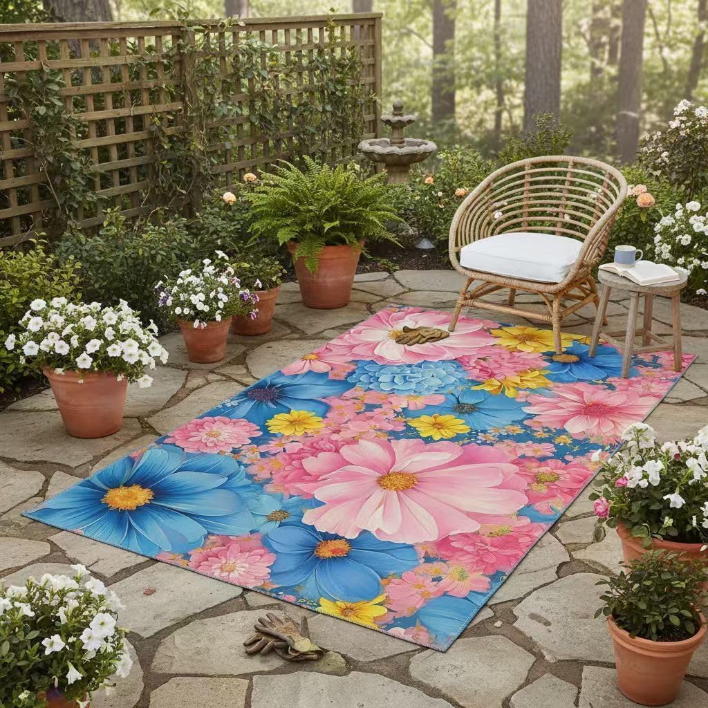 Blue Pink Yellow Blooming Flower Outdoor Rug 3D Multicolor Floral Pattern Outdoor Area Rug for Backyard Balcony Patio Garden Vibrant Art Decor Outside Carpet 4x6 No Slip Laundry Doormat Floor Mat