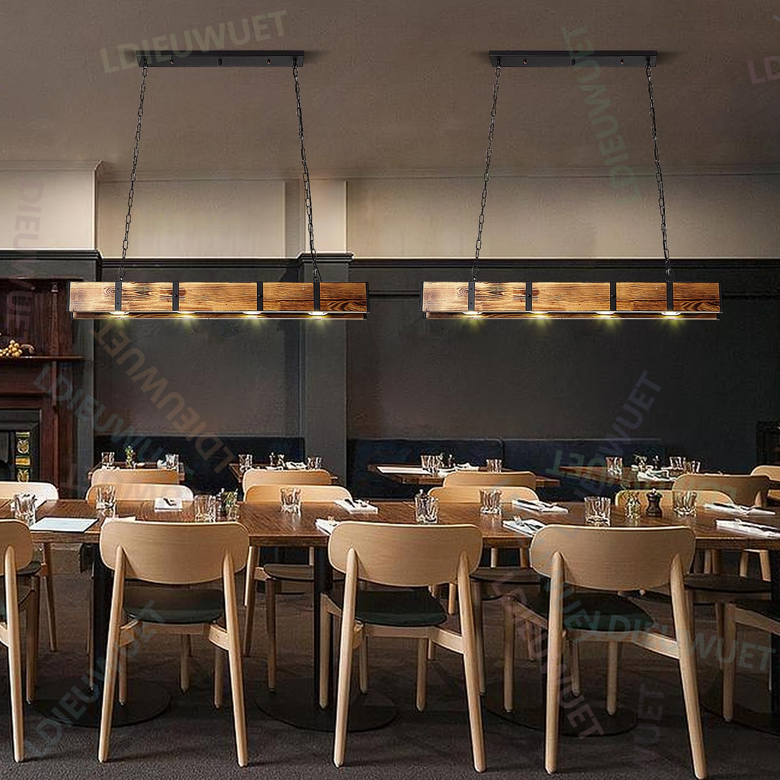 Lampadario Soffitto Moderno In Legno E Metallo - Nero Regolabile Con Base E27 Per Soggiorno/Cucina