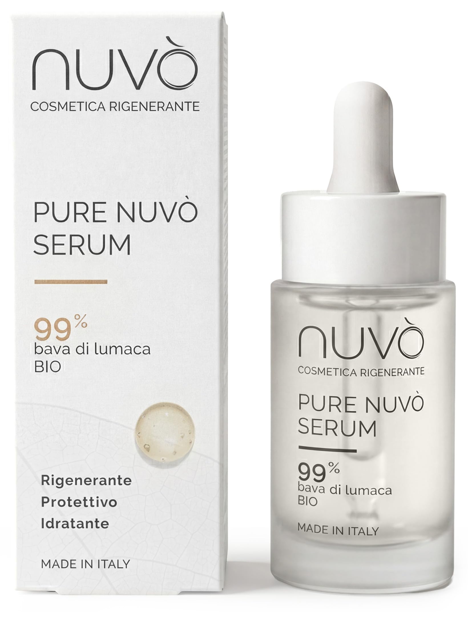 Nuvò – Sérum Visage à la Bave d'Escargot Pure 99%, 30 ml, Apporte Apaisement, Douceur et Hydratation à la Peau, Sérum Hydratant Concentré, Régénérant, pour Homme et Femme, Made in Italy