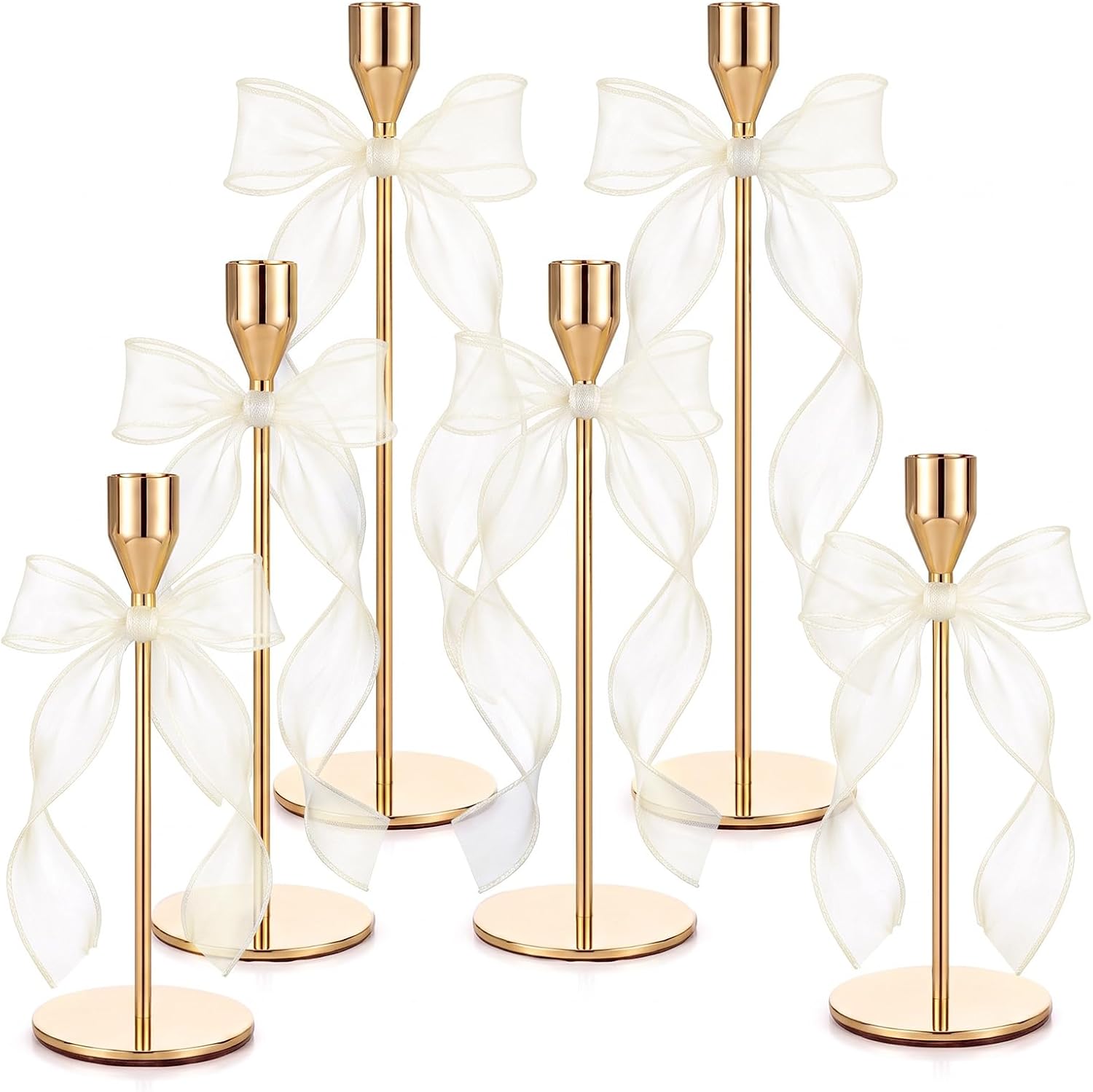 Set of 6 Gold Taper Candle Holder with Champagne Organza Bow, Christmas Bow Candle Holder Tall Candlestick Stand for Wedding Christmas Table Mantel Centerpiece Decoration