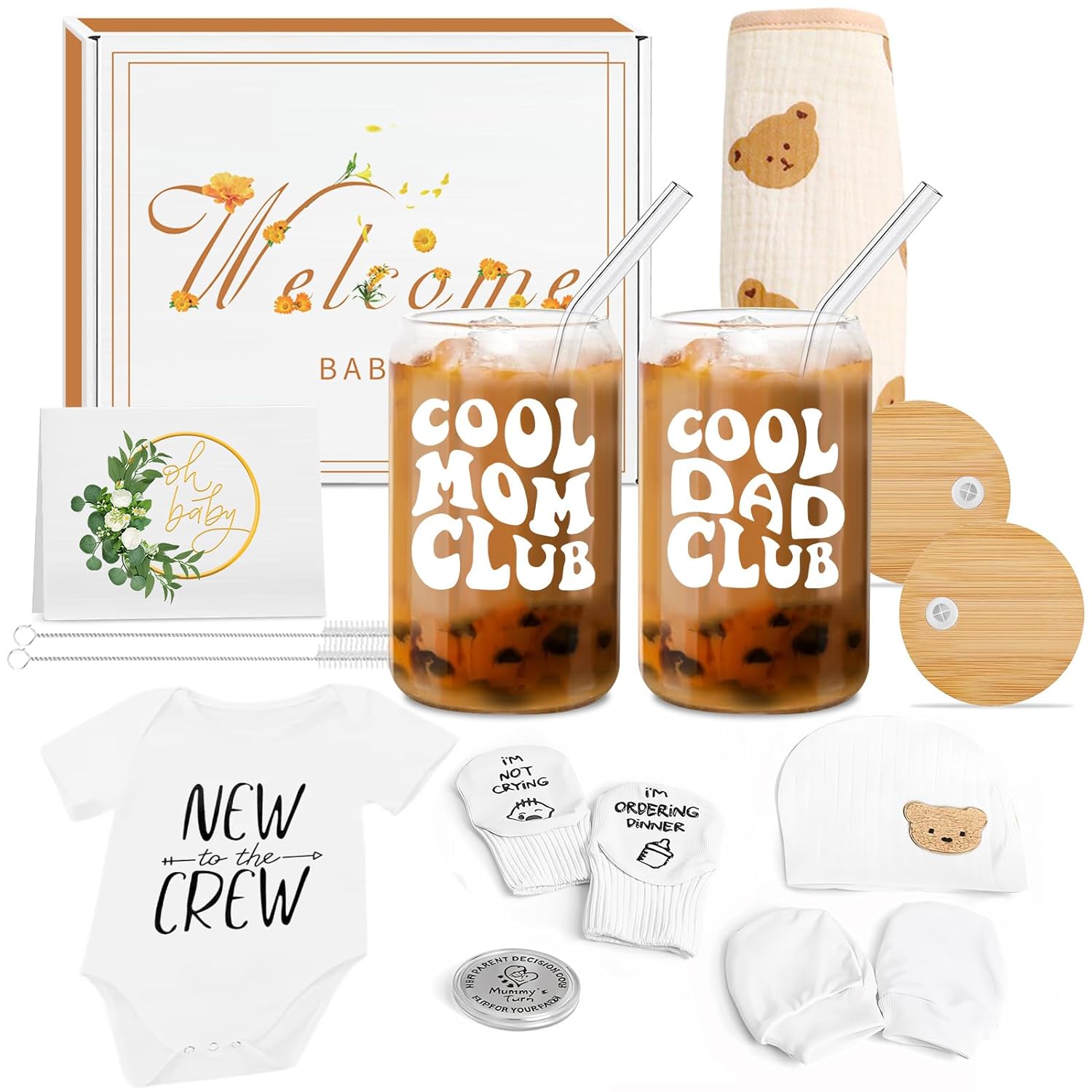 Newborn Gifts Set Gender Neutral Baby Shower Gifts Gender Reveal Gifts for Parents to Be, New Mom Dad Gifts Mom Dad Coffee Glass & Baby Items, Mom to Be Gift Pregnancy Gifts for Expecting Mom