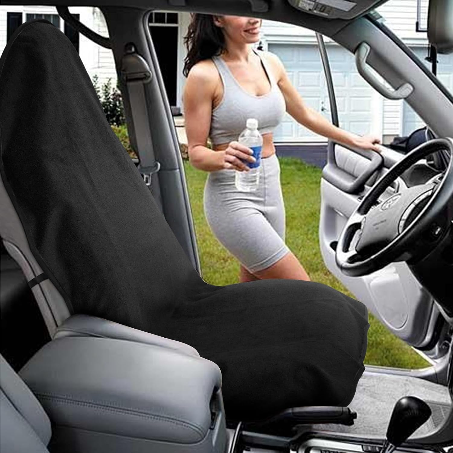 Waterproof Sweating Car Seat Cover for Post Gym Workout, Running, Swimming, Beach and Hiking, Universal Fit Non-Slip Towel Bucket Seat Protector for Cars SUV Trucks, Machine Washable (Black) - Image 5