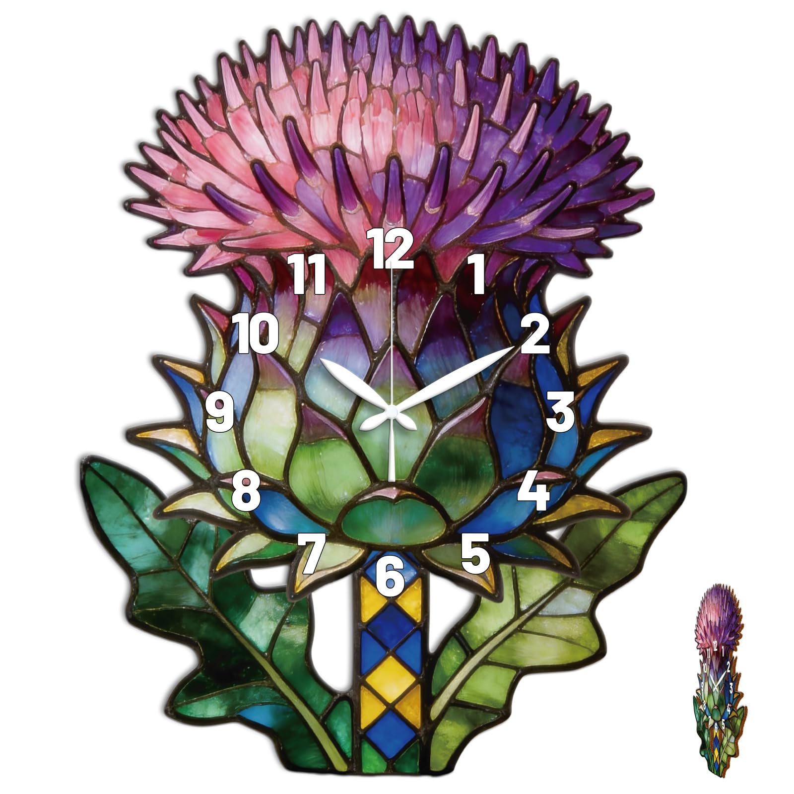 CONCHLERY Scottish Thistle Pattern Irregular Flat Printing Wall Clock Silent Non Ticking Decorative Clock, for Home Office Living Room Bedroom Kitchen Decor 16.14x12.83 Inch