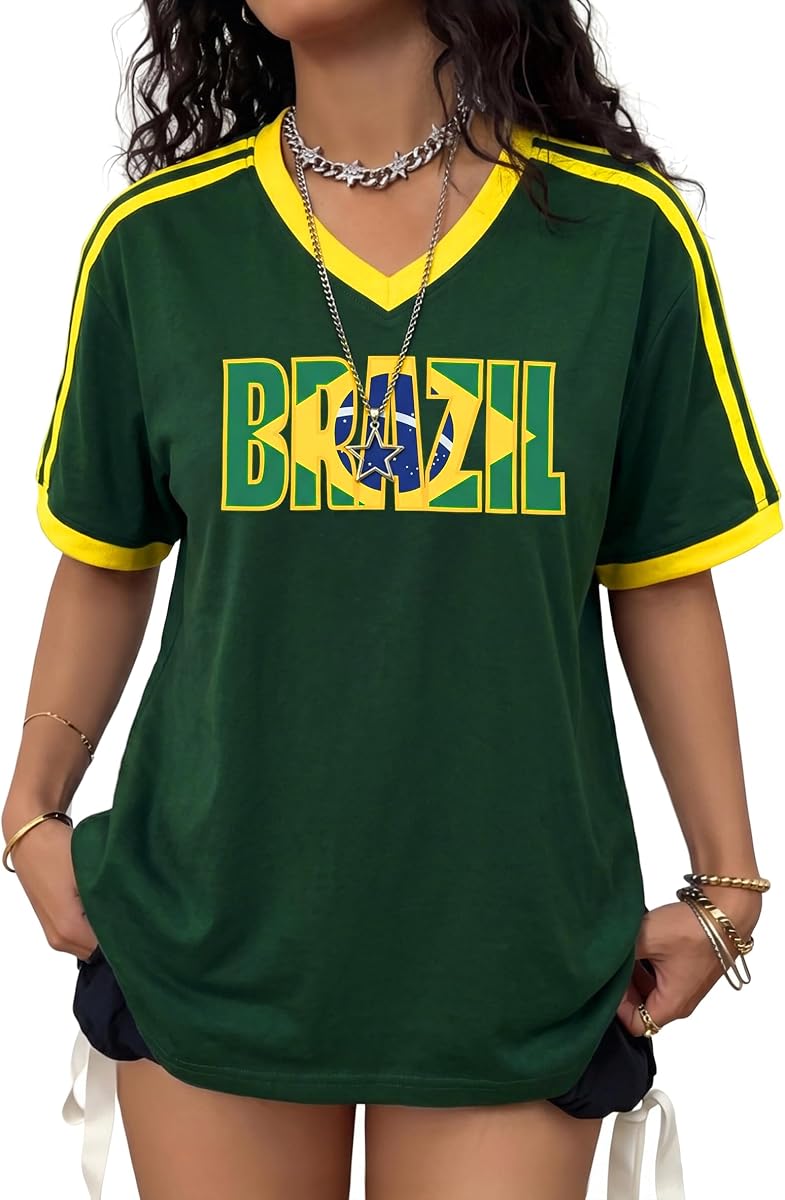 Camiseta de fútbol Mujer Camisetas de Brasil Camiseta de manga corta con cuello en V Y2K | Camisa de Brasil Mujer Brasil Fútbol Jersey Gráfico Bandera Nacional Impresión Camiseta Y2k Tops Juego Día Traje