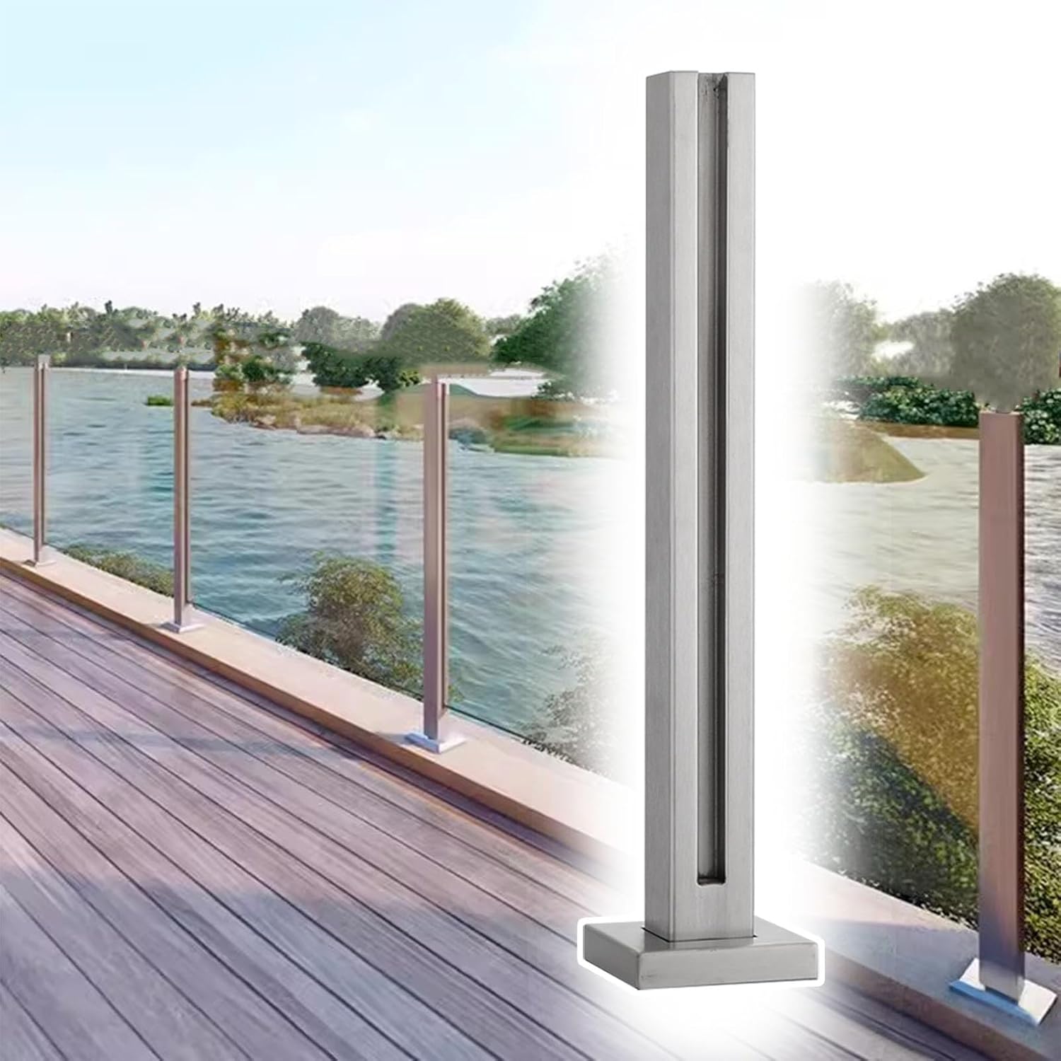 60cm Glass Railing Posts – Silver End Post for Decks, Balustrade Clamp Standoff with Screws & Rubber Gasket, Adjustable Heights: 65cm, 70cm, 80cm, 90cm, 100cm