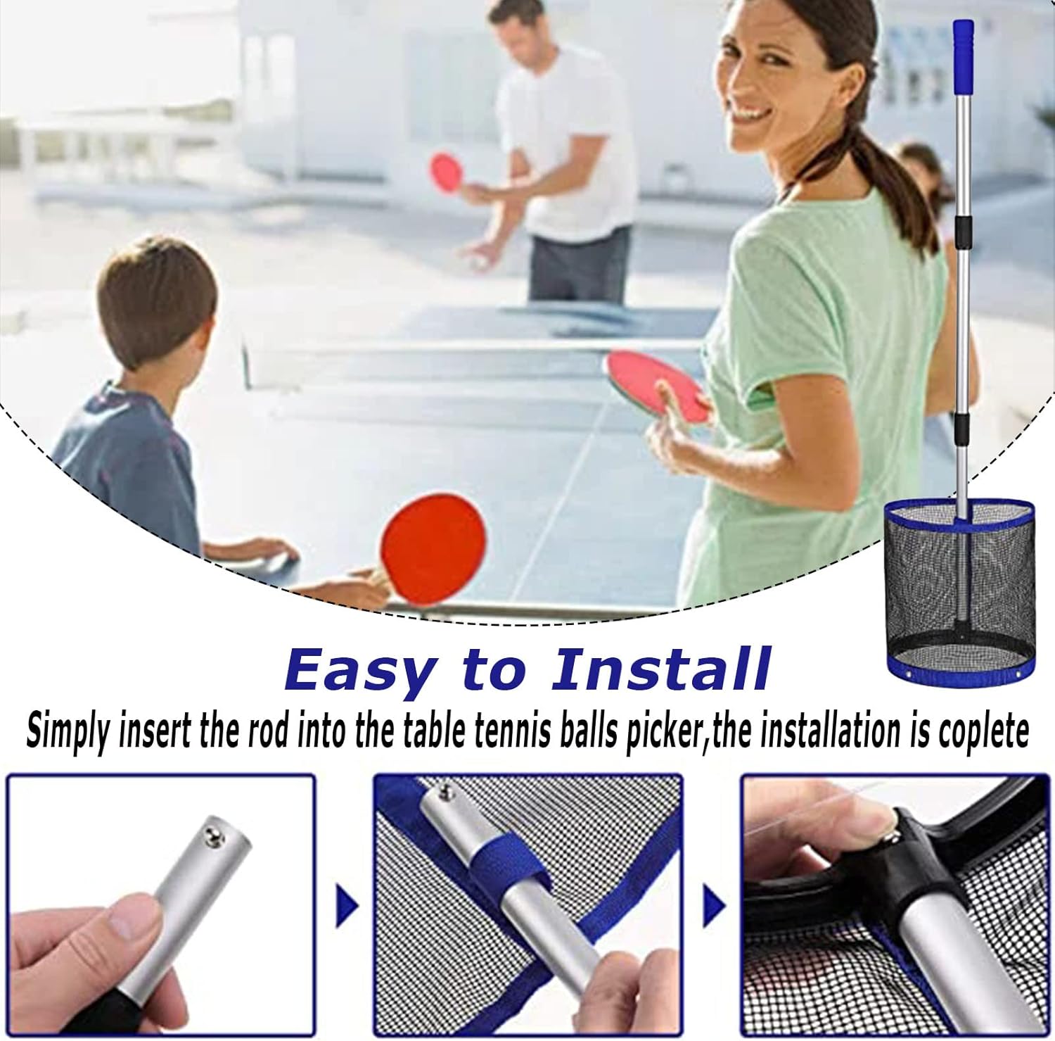 Table Tennis Ping Pong Balls Collector - Ping Pong Ball Picker Upper Retriever with Adjustable Length Table Tennis Net Bag Handle for Storage Hold up About 120 Table Tennis Balls