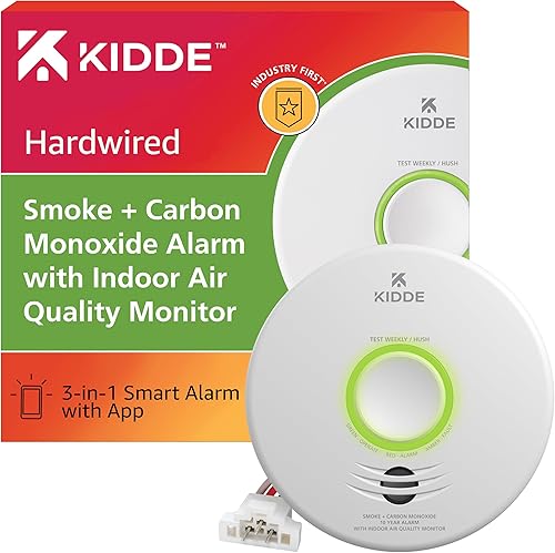 Kidde Detector inteligente de humo y monóxido de carbono y monitor de calidad del aire interior, WiFi, dispositivo compatible con Alexa, cableado
