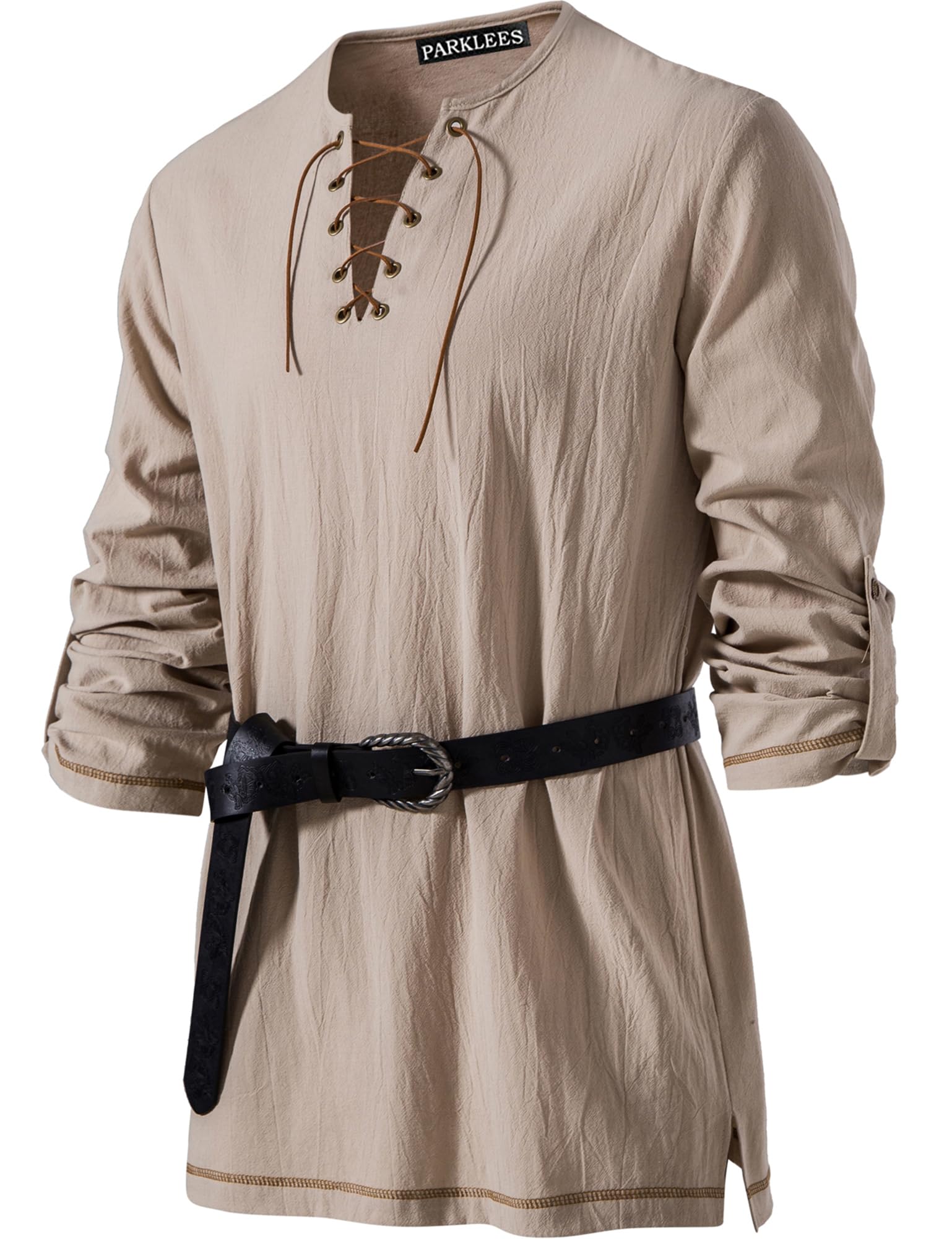PARKLEES Heren Renaissance Kostuums Retro Veter Lange Mouw Shirts voor Piraat Viking Middeleeuws, Donkere marine, XXL