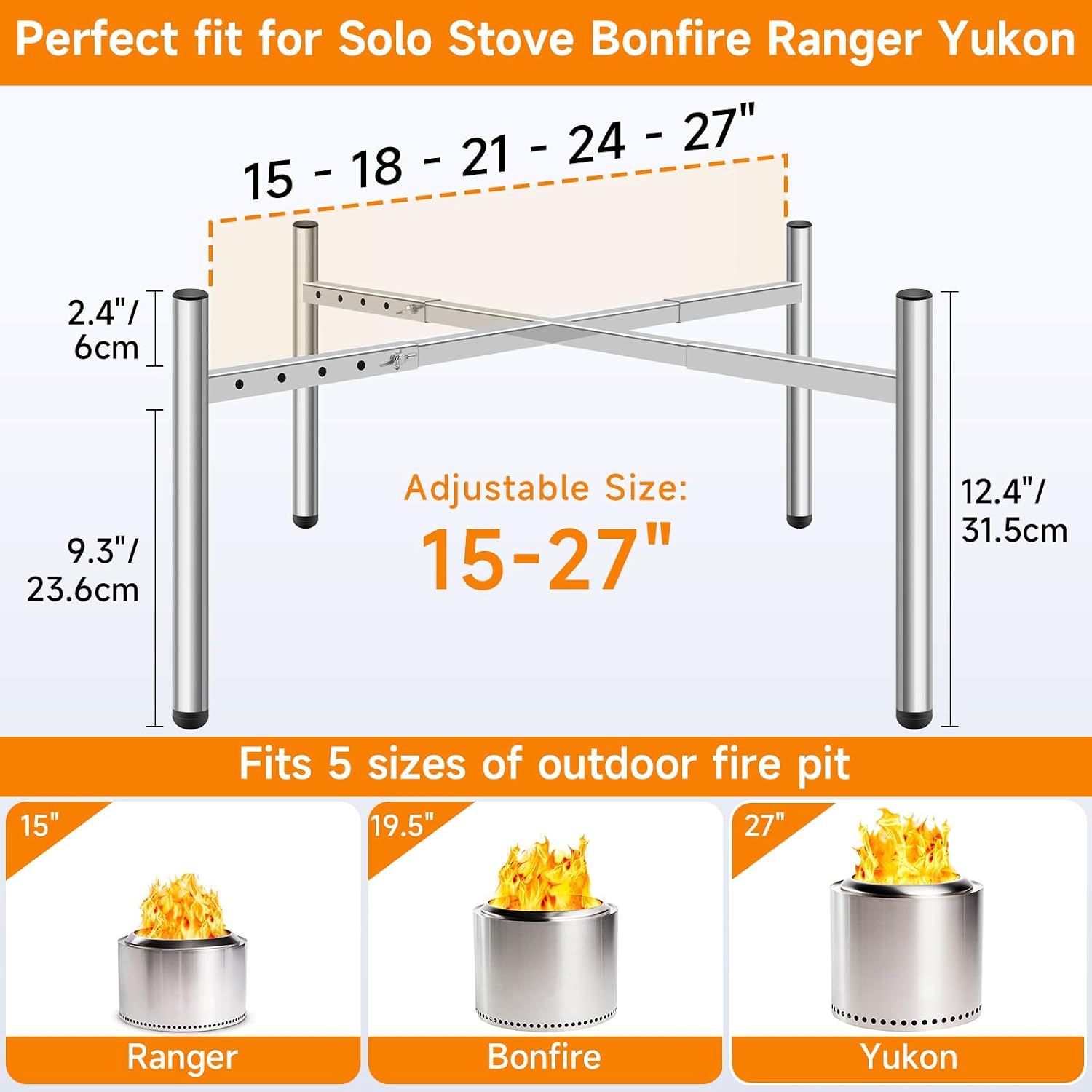 KOMCLUB 15-27 inch Firepit Stand,Fire Pit Stand for Solo Stove Yukon and Othe 15-27" Outside Firepit,Stainless Steel Accessory for Stove Fireplace Use Camping Outdoor Fireplace Tools