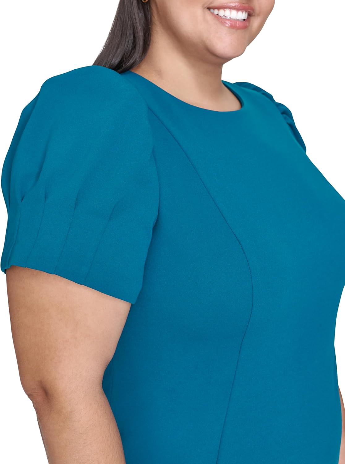 DKNY Womens Short Puff Sleeve Jewel Neck Exposed Zipper Knee Length Dress - Image 6