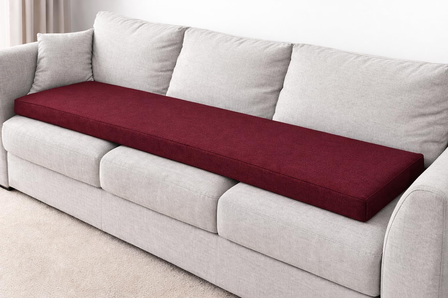SLUMBER HOME 3 Seater Booster Cushion with Removable Cover, 150 x 50 x 5 cm Firm Memory Foam Orthopaedic Seat Pad, Large Sofa Cushion with Soft PolyesterWater Resistant Cover (Burgundy)