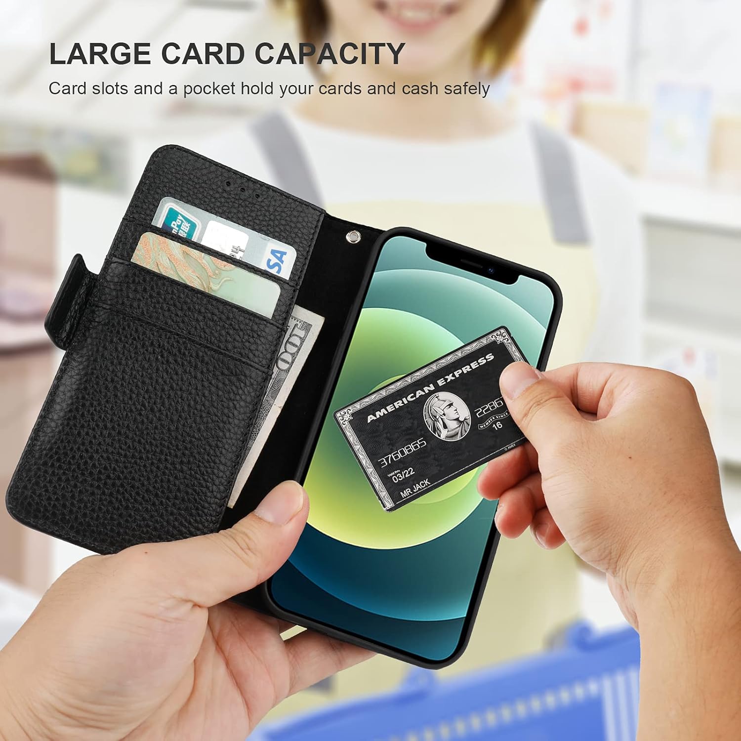 Bocasal Wallet Case for iPhone 12/12 Pro, Genuine Leather Support Wireless Charging RFID Blocking Flip Case Card Slots Holder, Kickstand Book Folding Folio Cover with Wrist Strap 6.1 Inch (Black)