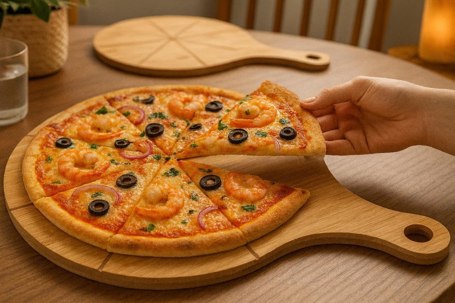 hausleben Lot de 6 Planches à Pizza en Bambou 33 cm – Planche Ronde avec Poignée et Rainures de Découpe – Plateau de Service pour Pizza, Flammekueche, Apéritif et Cuisine