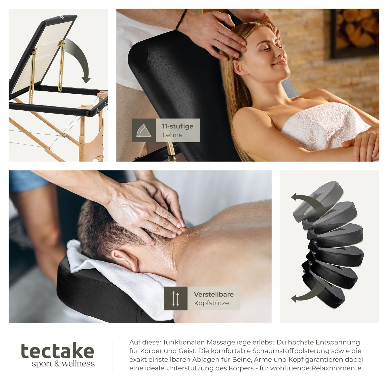 tectake® Mobile Massageliege 3 Zonen, höhenverstellbar, klappbar, Zubehör Kopfstütze, Tasche, belastbar bis 250kg, Möbel für Kosmetik, Massage, Tattoo Zubehör, Physiotherapie Zubehör - schwarz