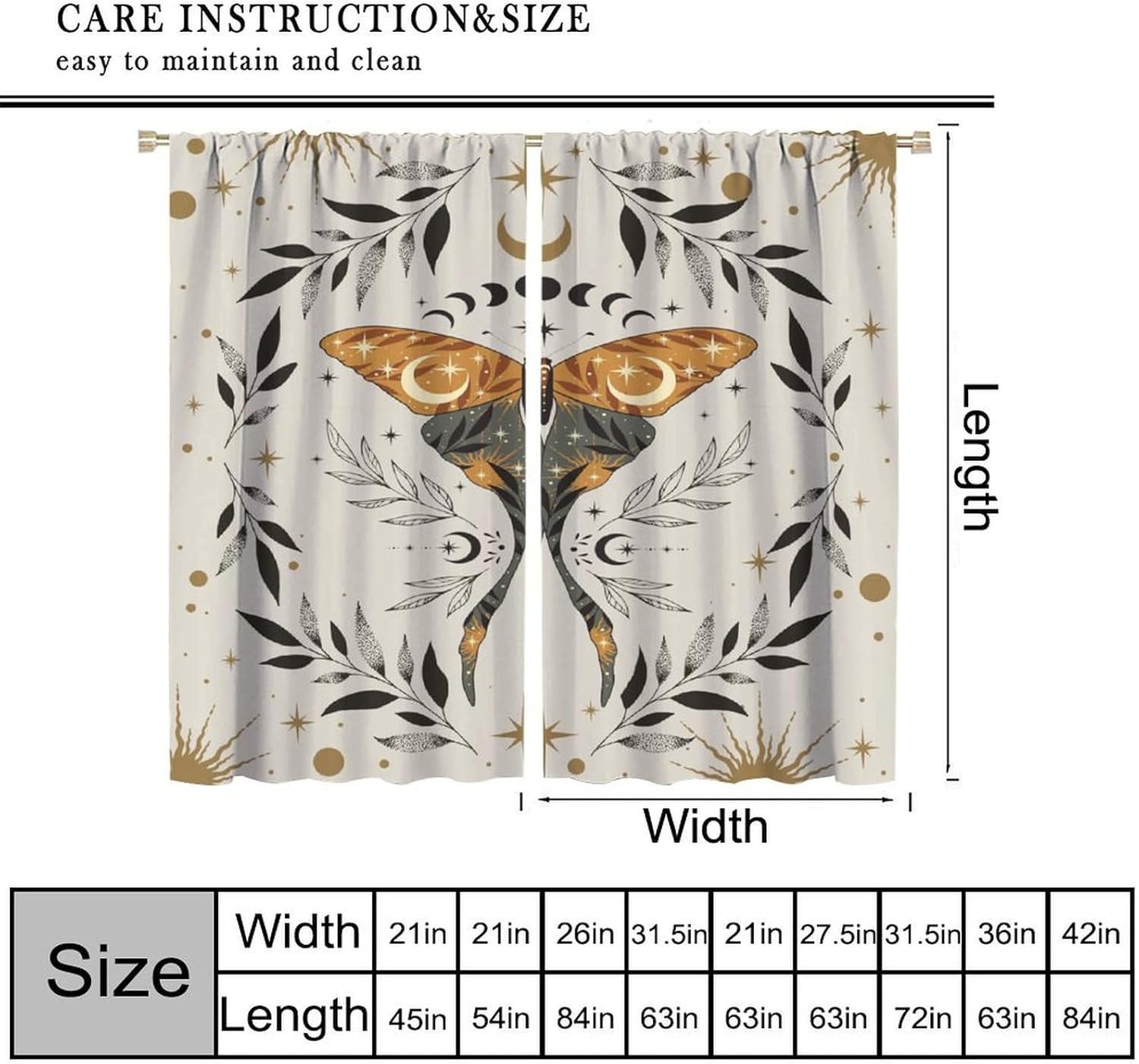 Gothic Moth Blackout Curtains, Mystic Vintage Moon Phase Tarot Leaf Gothic Astrology Window Treatments for Bedroom Living Room Kitchen Home 42" W X 63" L