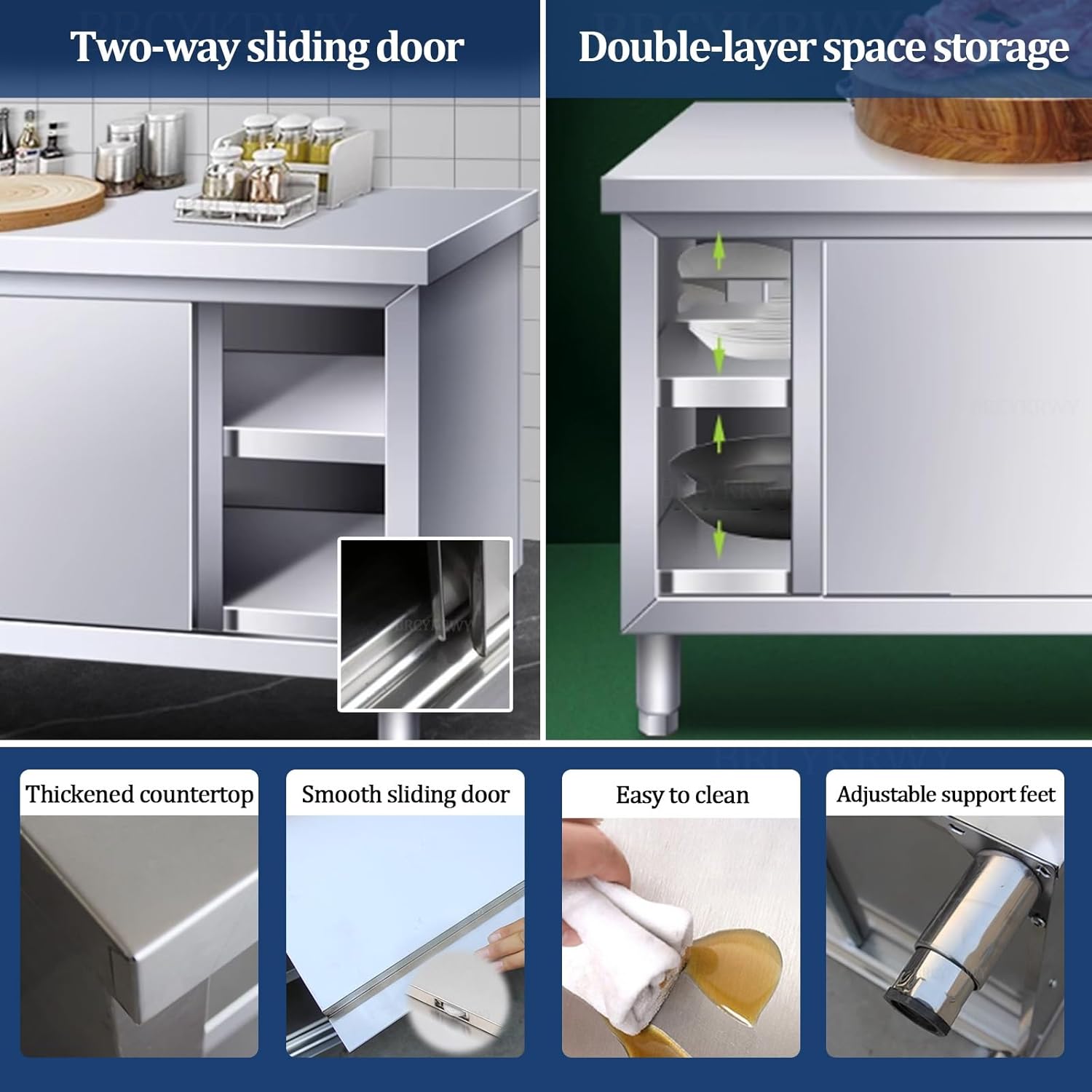 Stainless Steel Work Table Kitchen Prep Table Multifunctional Work Table with Double Door Storage Cabinet Work Freestanding Mobile Cabinet Door Multifunctional Practical Work Table