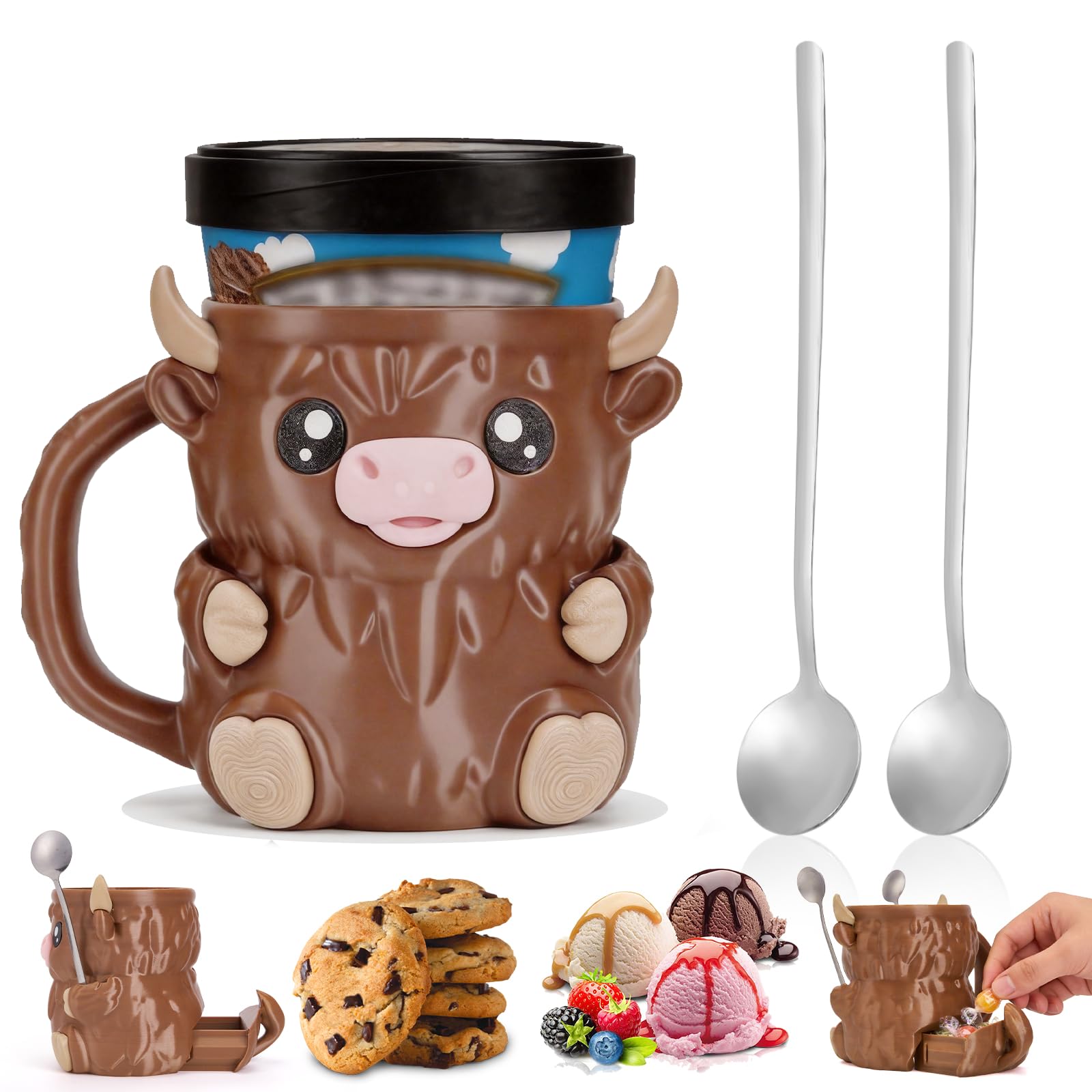 Ice Cream Pint Holder, Highland Cow Ice Pint Holder Cover with Handle, Cute Animal ICES Creams Cooler Container Leak Proof Popsicle Cozy Beer Can Cup, Highland Cow Lover Gifts (Light Brown) — image 1
