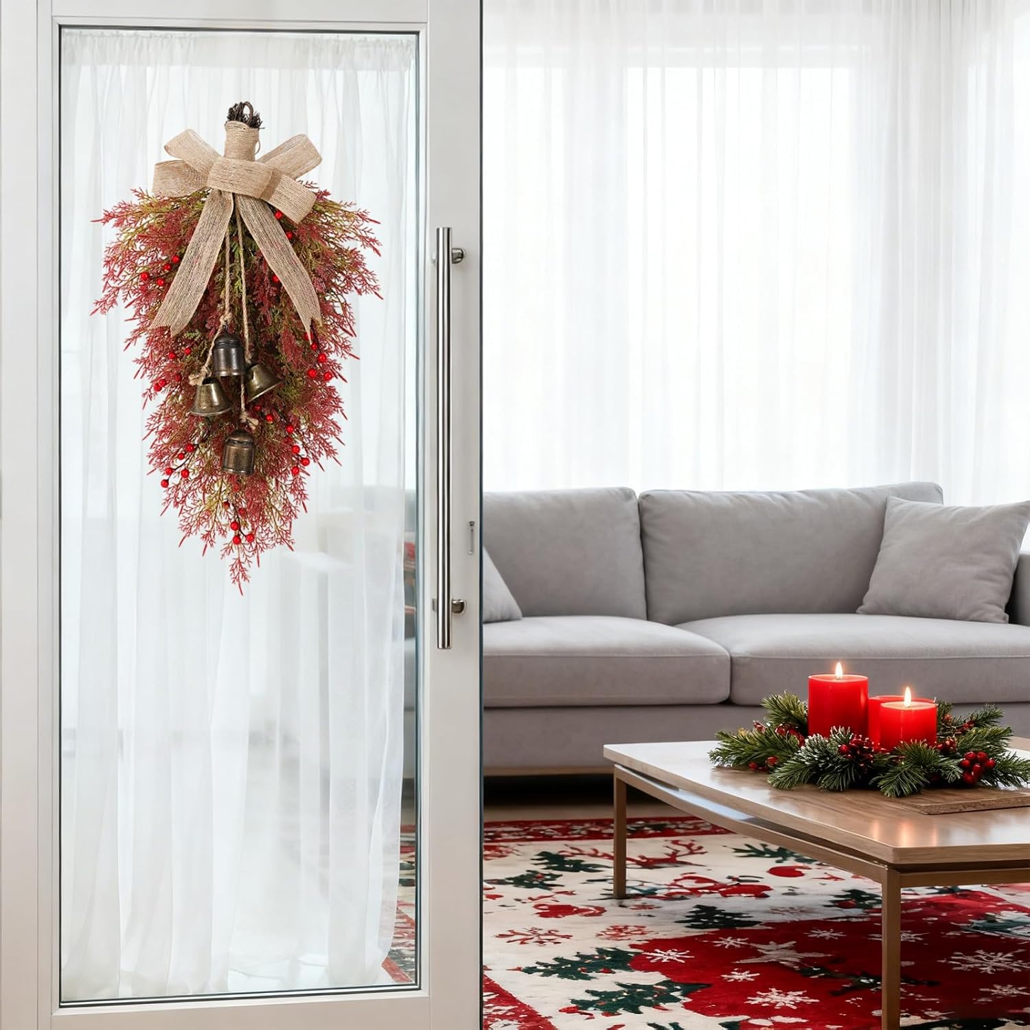Artificial Christmas Teardrop Swags, Greenery Cedar Teardrop Wreath with Burlap Bowknot, Vintage Bells and Red Berries, Faux Hanging Teardrop Wreath for Front Door Home Wall Holiday Xmas Decor (Red)