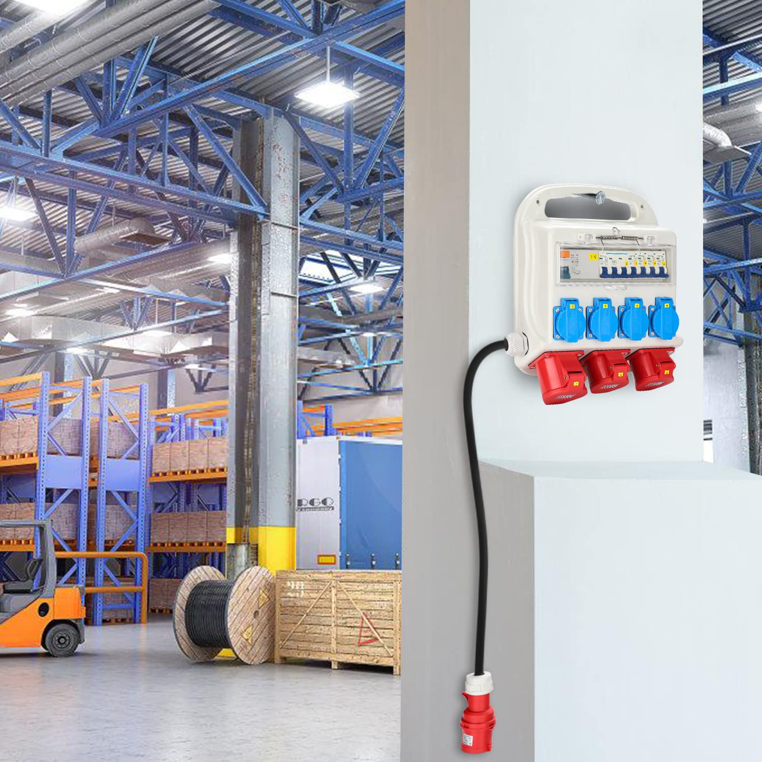 Daromigo Interruttore di protezione FI, Distributore da parete 2 x CEE 400 V/16 A+4 x 230 V Schuko IP44 5 poli, Distributore di corrente con cavo, coperchi di sicurezza per cantieri