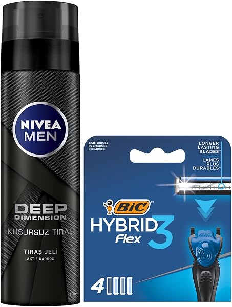 NIVEA MEN Erkek Tıraş Jeli Deep Dimension 200ml + BIC Hybrid 3 Flex 4'lü Yedek Tıraş Bıçağı Kartuşu