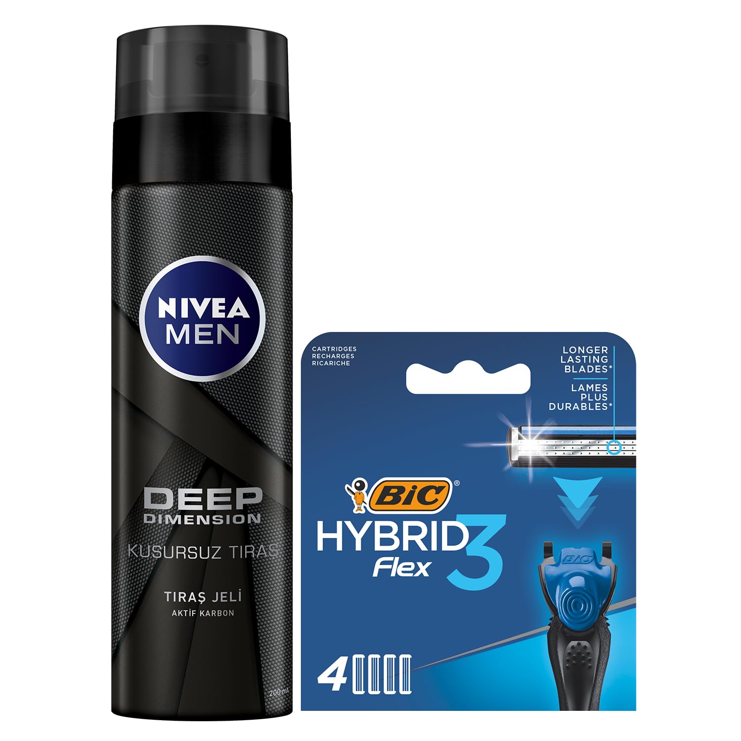 NIVEA MEN Erkek Tıraş Jeli Deep Dimension 200ml + BIC Hybrid 3 Flex 4'lü Yedek Tıraş Bıçağı Kartuşu