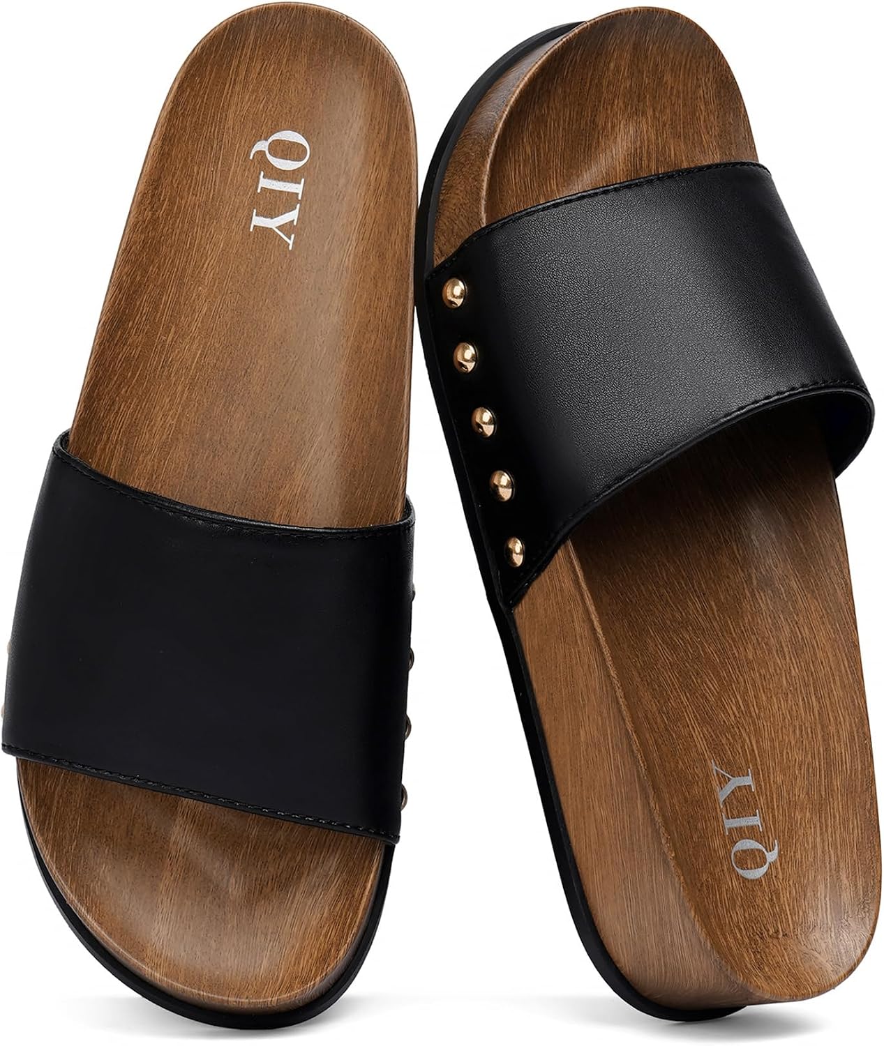 QIY Platform Sandals for Women Studded Slip-on Slides with Wood Grain Design, Comfortable Arch Support Summer Casual Shoes