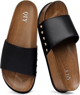 QIY Platform Slides Sandals for Women Studded Slip-on Arch Support Sandals | Wood-grain Sole, Comfortable&Lightweight Summer Wedge Slides, Casual Beach Vacation Cushion Footbed Retro Shoes 2026