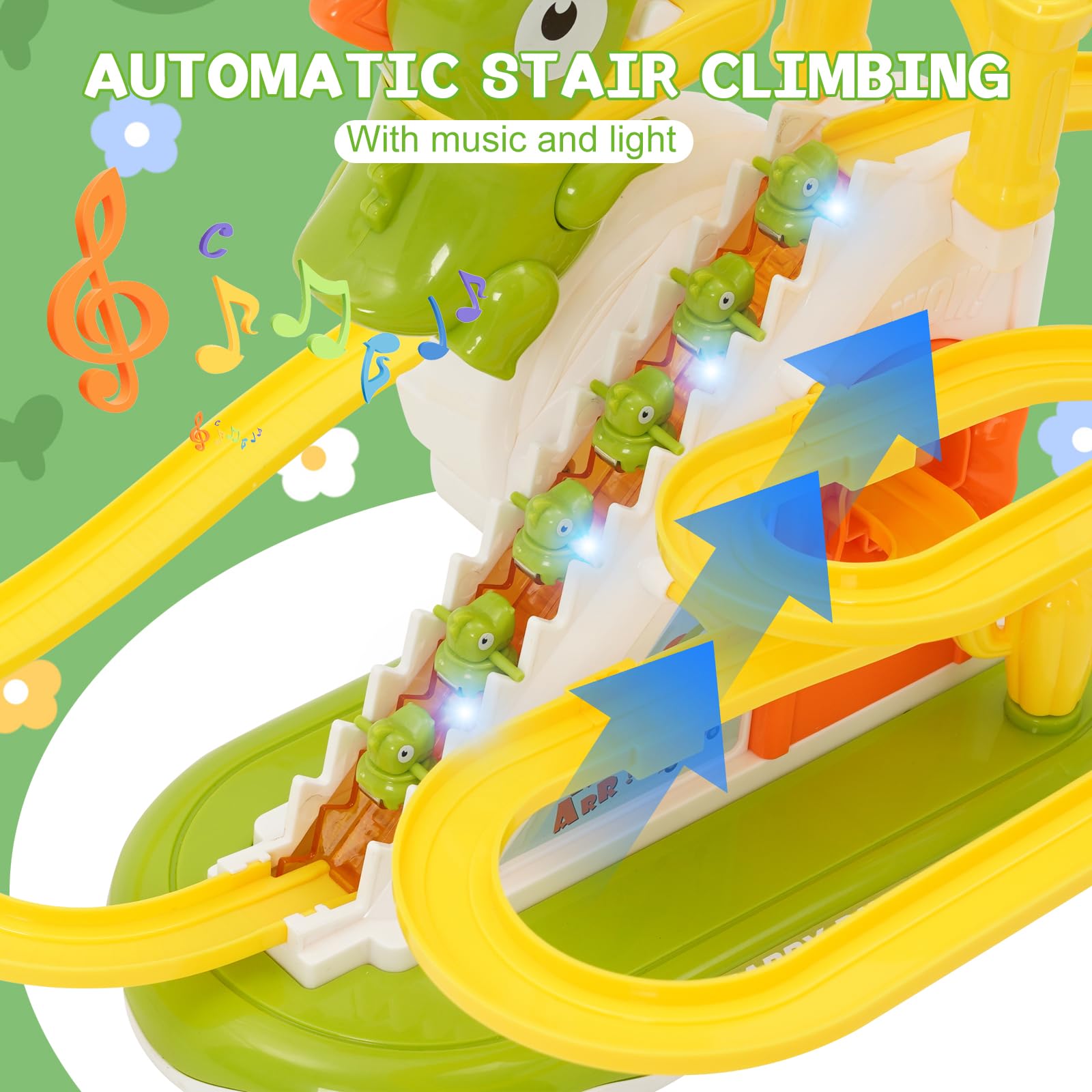 Race Track Toy Climbing Stairs Toys Roller Coaster Toy Double Track Dinosaur Slide Game with 3 Dinosaurs Race Car Toys with Music Light Orbit Chasing Game Gift for Kids Toddlers Boys Girls - Image 3