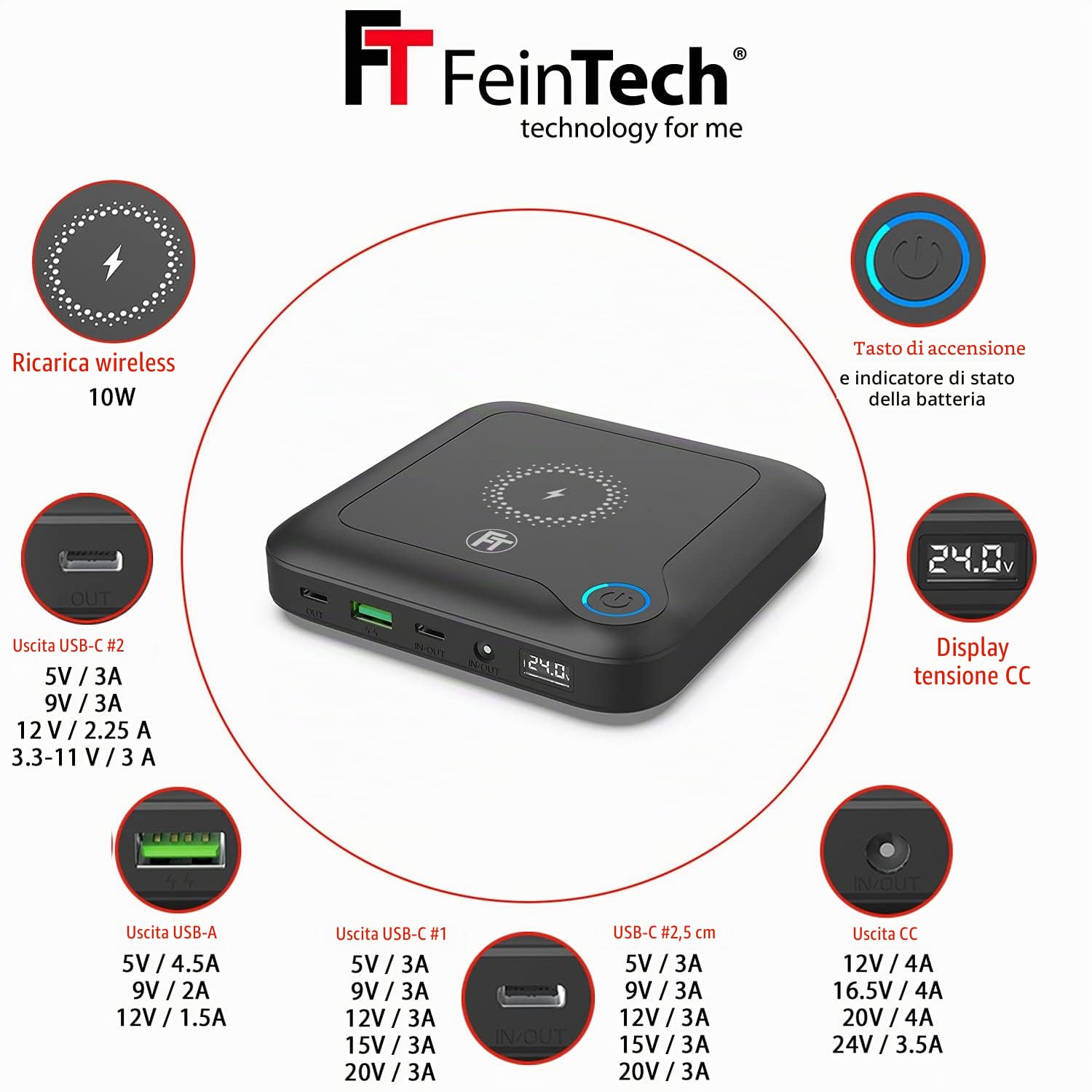 FeinTech PLG02400 - Powerbank 60 W PD USB-C e DC per notebook, MacBook, iPad, tablet, smartphone, fotocamera, Nintendo Switch, 10 W Wireless Charging, 88 Wh, 24000 mAh, 122 x 122 x 28 mm