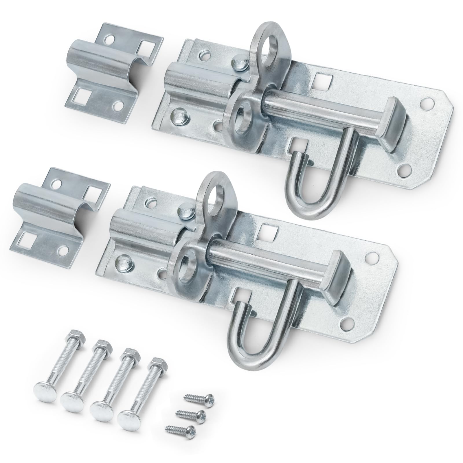 2PCS 4" Brenton Bolt Door Lock, Bright Zinc Plated (BZP) Finish, Surface Mount Slide Bolt with Fittings, 102mm (Silver, 4" (102mm)
