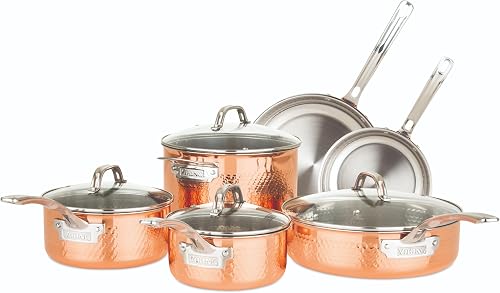 Viking 3-Ply Hammered Copper 10-Piece Cookware Set with Glass Lids - Tri-Ply Stainless Steel