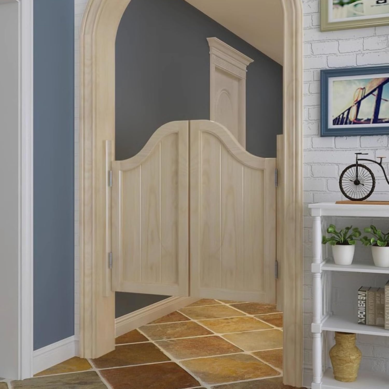 Arched Top Retro Cafe Saloon Doors, Solid Wood Swinging Doors for Restaurant Bar Shop Kitchen Bathroom, Double Half-Waist Door Hinges Included (Color : Natural, Size : W 140cm (55 1/8"))