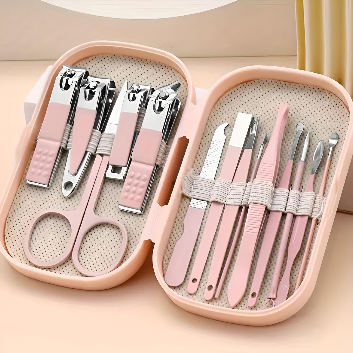 VishBin Professional Manicure Multifunctional Nail Care Clippers Set Carbon Steel Portable Travel Mini Cutter Kit With Leather Bag For Men Women (14 Psc Pink)-image-2