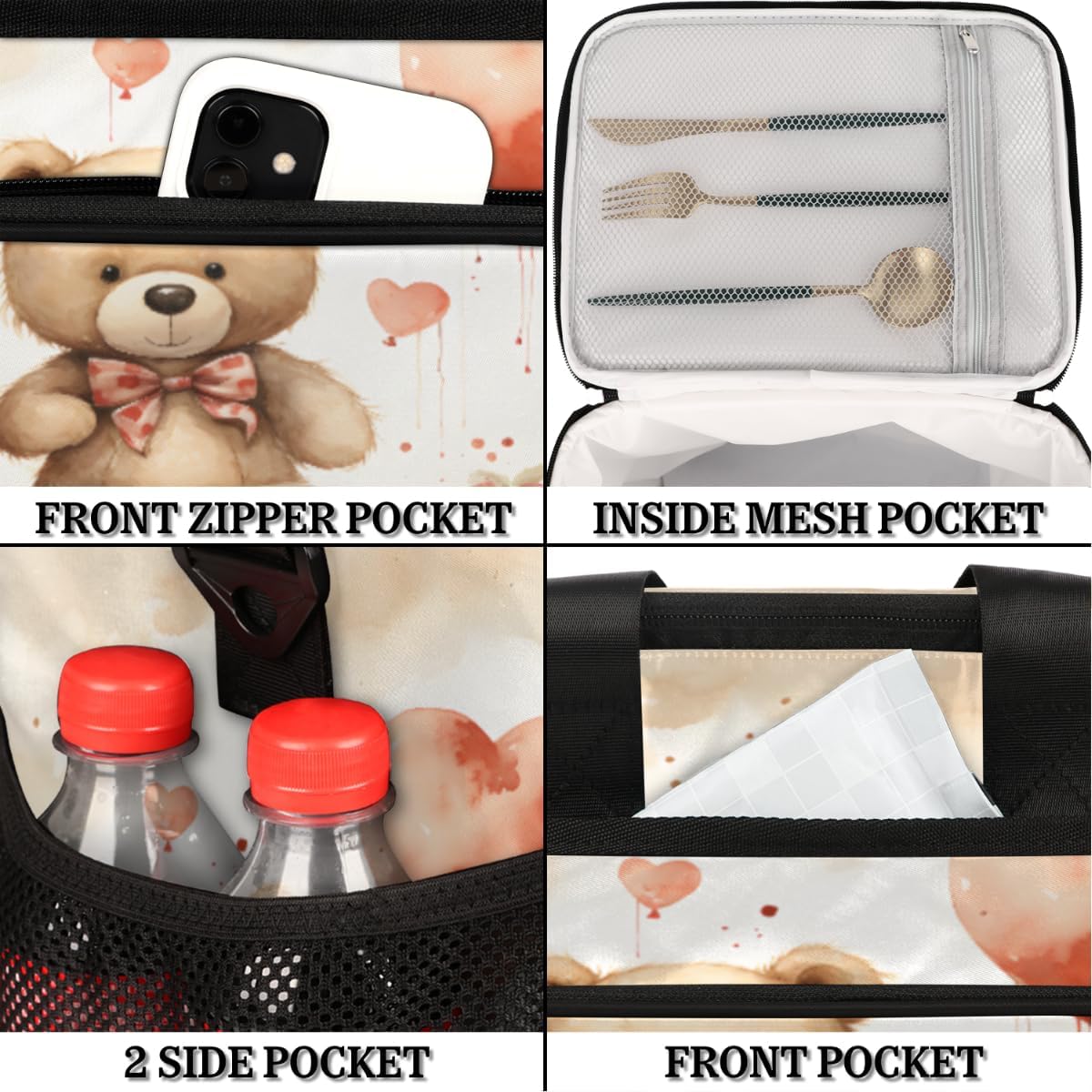 Insulated Picnic Backpack Lunch Box for Women Men Picnic Basket Tote Lunch Bag Picnic Bag Portable Lunch Bags for Picnic, Beach, Work, Trip,Office, Camp Valentine's Day Bear