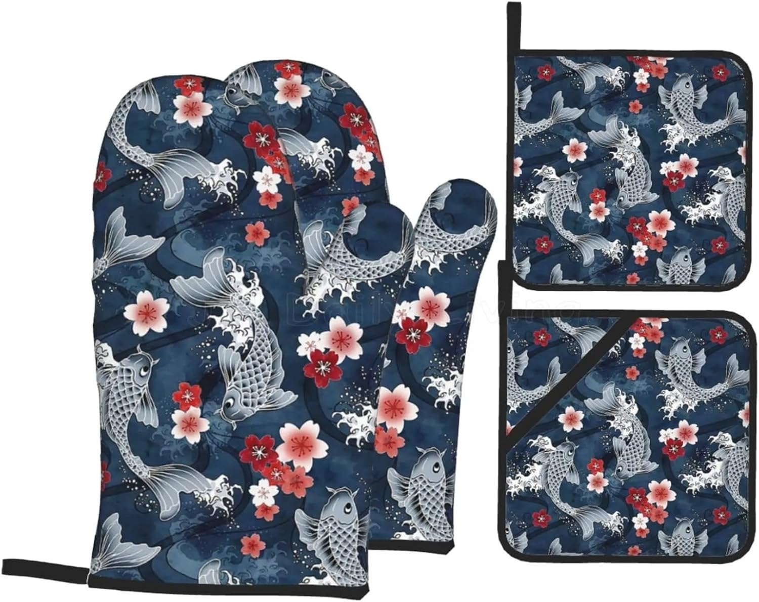 Cool Koi Cherry Sakura Blossom Oven Mitts and Pot Holders Sets of 4 Non-Slip Cotton Lining Gloves(Red and Balck)