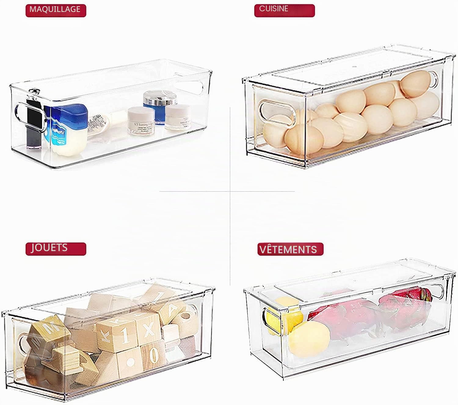 Greentainer Lot de 3 boîtes de rangement transparentes pour réfrigérateur avec poignée – Organiseur de cuisine empilable avec compartiments – Sans BPA – Pour frigo, armoires, garde-manger
