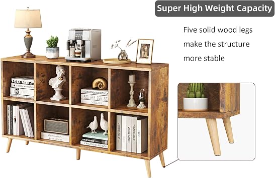 8-Cube Bookshelf 2 Tier Retro Bookcase with Legs, 120cm Wood Bookshelves Storage Organizer Shelf, Freestanding Open Book Shelves for Bedroom Living Room Office, Rustic Brown