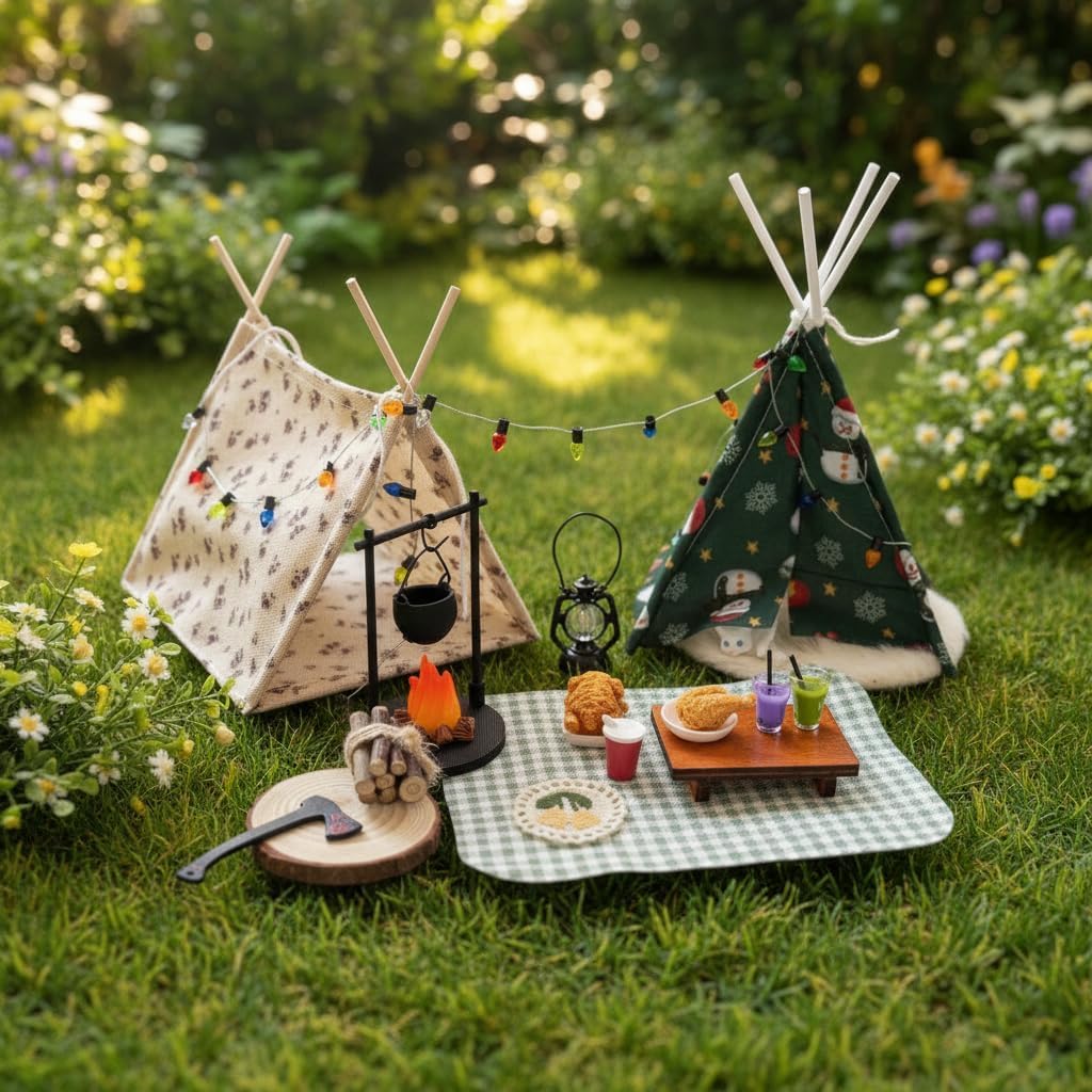 1:12 Dollhouse Miniature Camping Set with Tent Campfire Picnic Table