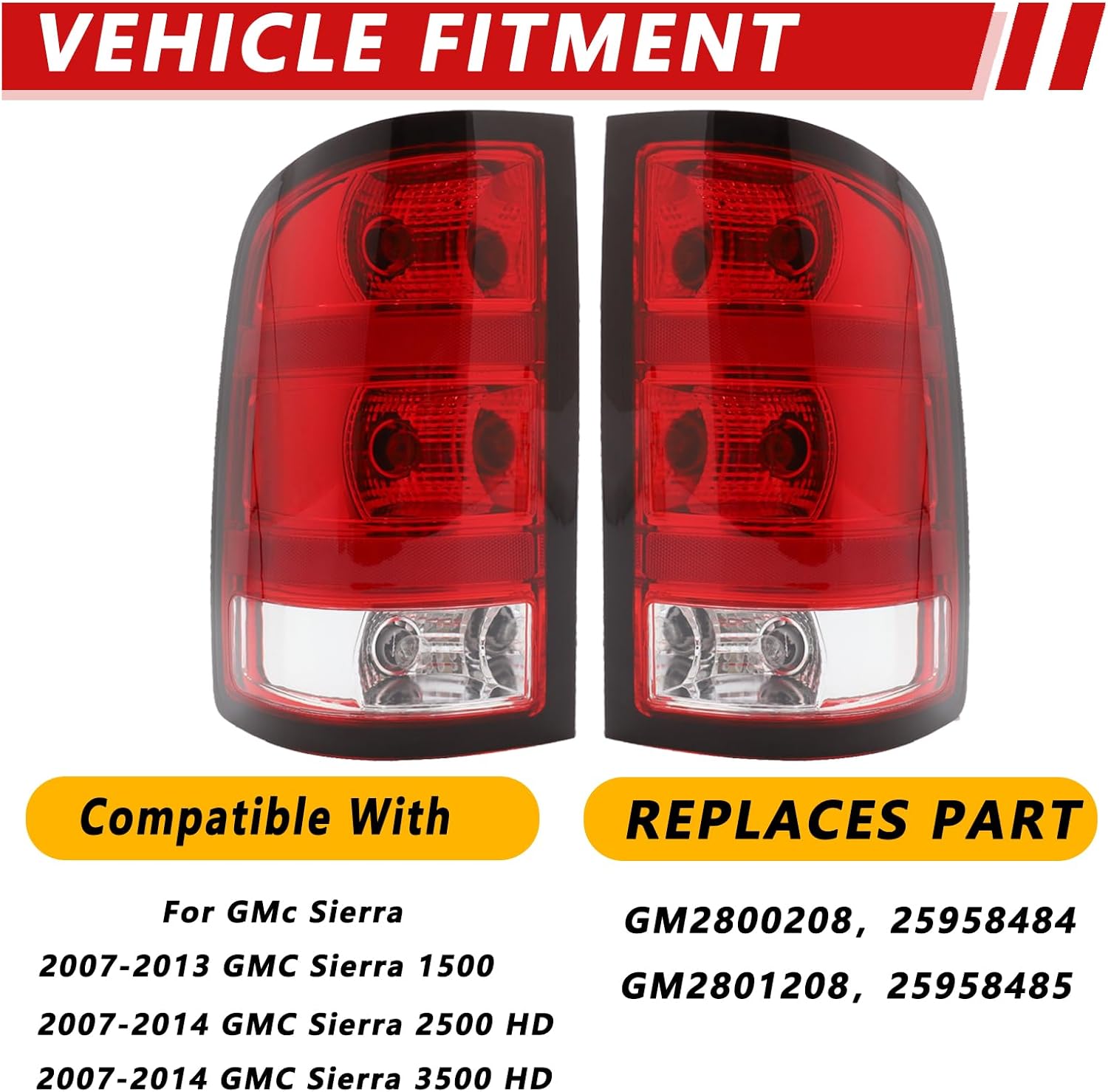 Tail Light Compatible With 2007-2013 GMC Sierra 1500 2500HD 3500HD Driver and Passenger Side Rear Brake Lamps With Bulbs and Harness Included Black Edge Replace# GM2800208,GM2801208