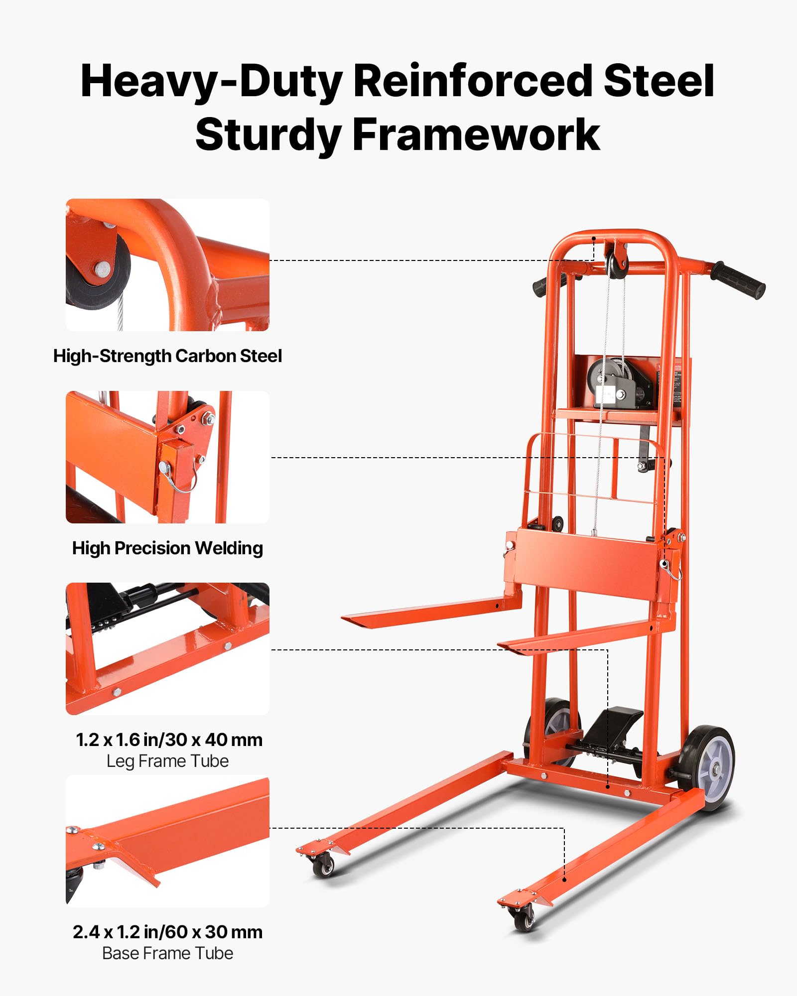 VEVOR Apilador con Cabrestante Manual de Elevación de Materiales con Ruedas Giratorias y Placa Elevadora, Plataforma Elevadora con Capacidad de 149,68 kg, Altura de Elevación Máxima de 1090 mm