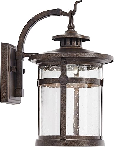 Miniatura 6 de Franklin Iron Works Callaway - Juego de 2 lámparas de pared industriales rústicas para exteriores, marco de farol LED de metal de bronce, vidrio