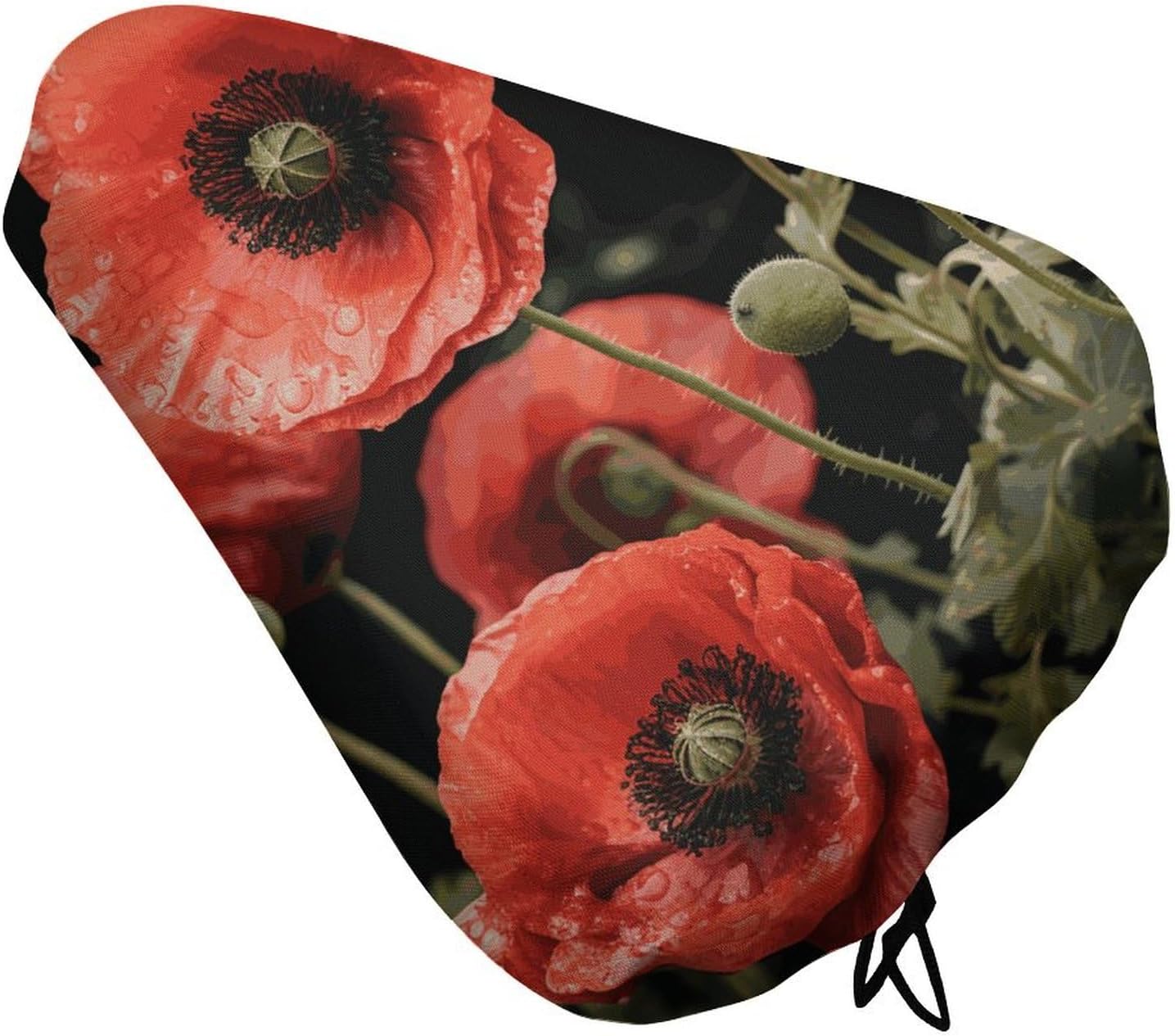 Red Poppy Flowers Leaves Bike Seat Cover for Men Women Water Repellent Exercise Bike Seat Cushion Adjustable Bicycle Seat for Outdoor Biking