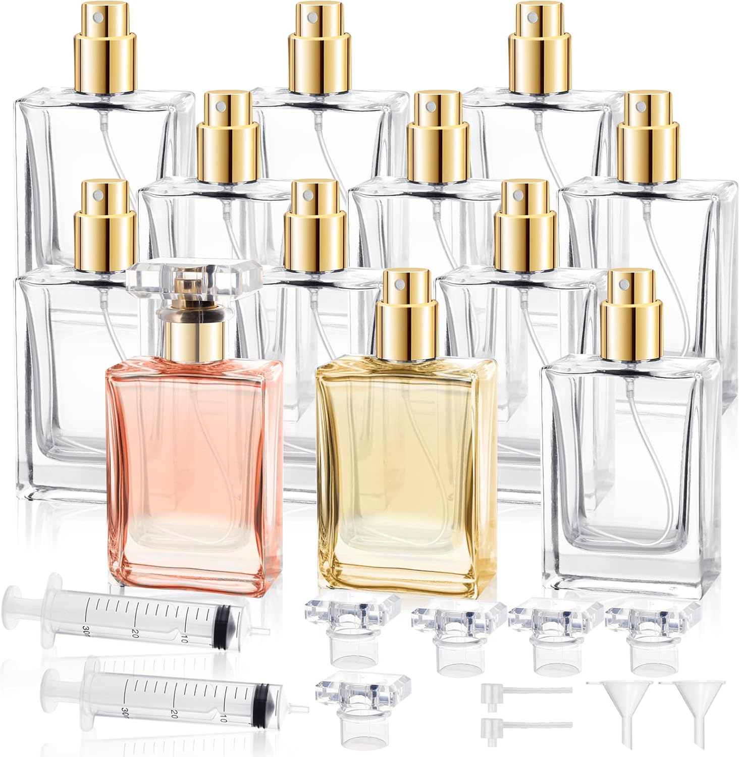 12 Pack Refillable Glass Perfume Bottles - Premium Square Gold Atomizer Spray Bottles, Leak-Proof Portable Empty Perfume Containers for Travel, Purse, Gym & Home Office Use