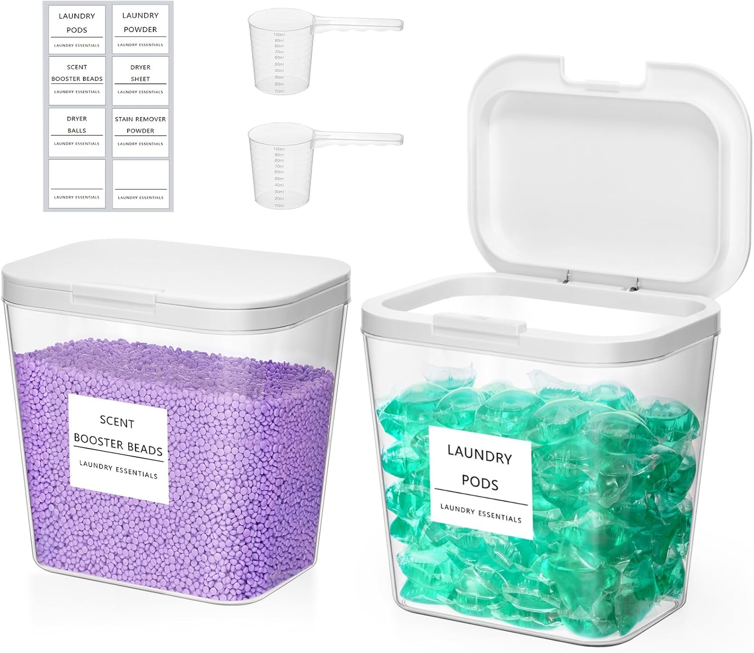 Lifewit 2 Pack Laundry Pods container with Labels and Measuring Scoops, Two 0.72 Gal/92 Oz Laundry Powder Containers with Press-and-Pop Lid, Laundry Room Organization and Storage for Booster Beads